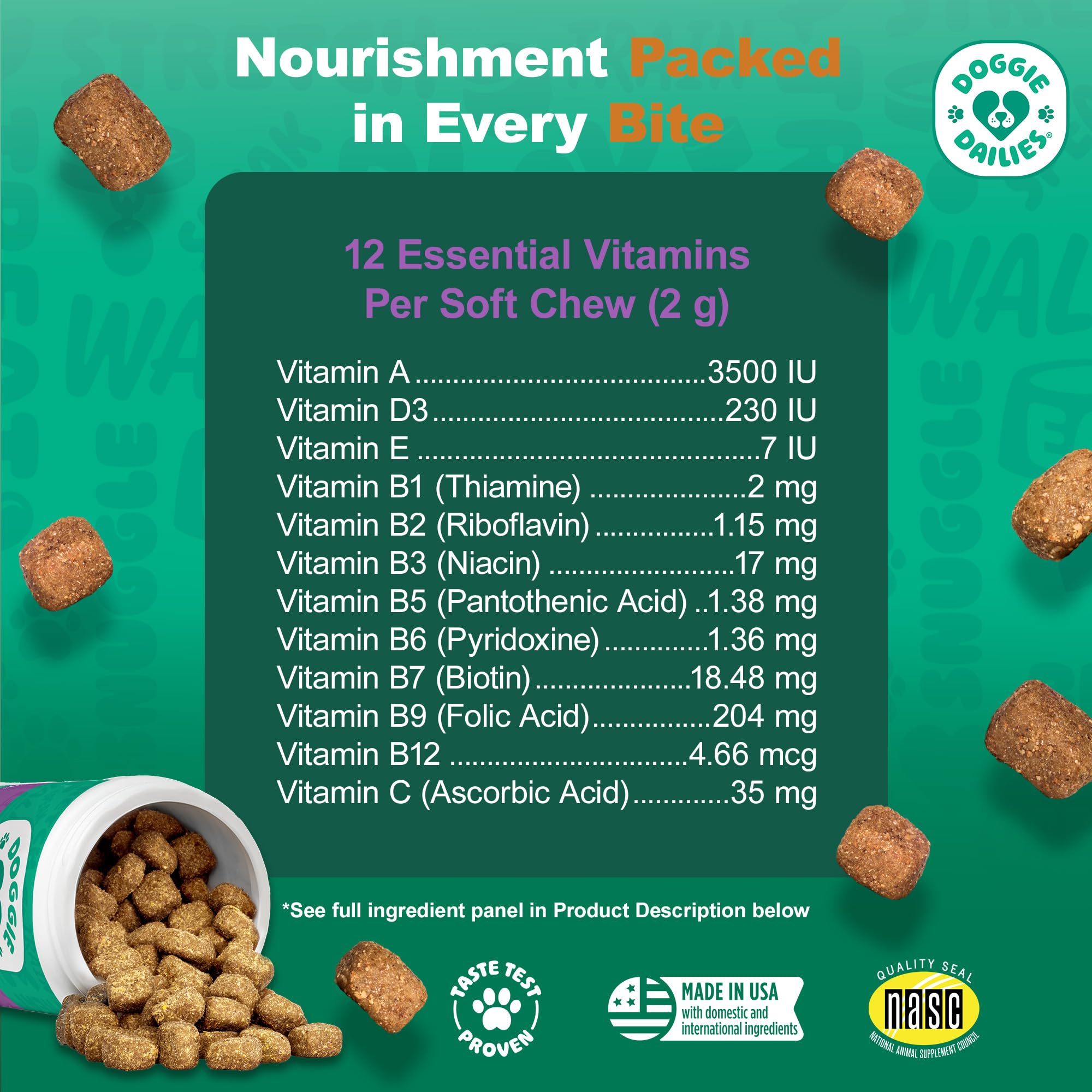 Doggie Dailies prebiotic digestion chews shown with texture indicating gut support