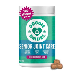 Doggie Dailies duck 120 chews bottle closeup for easy daily dosing.