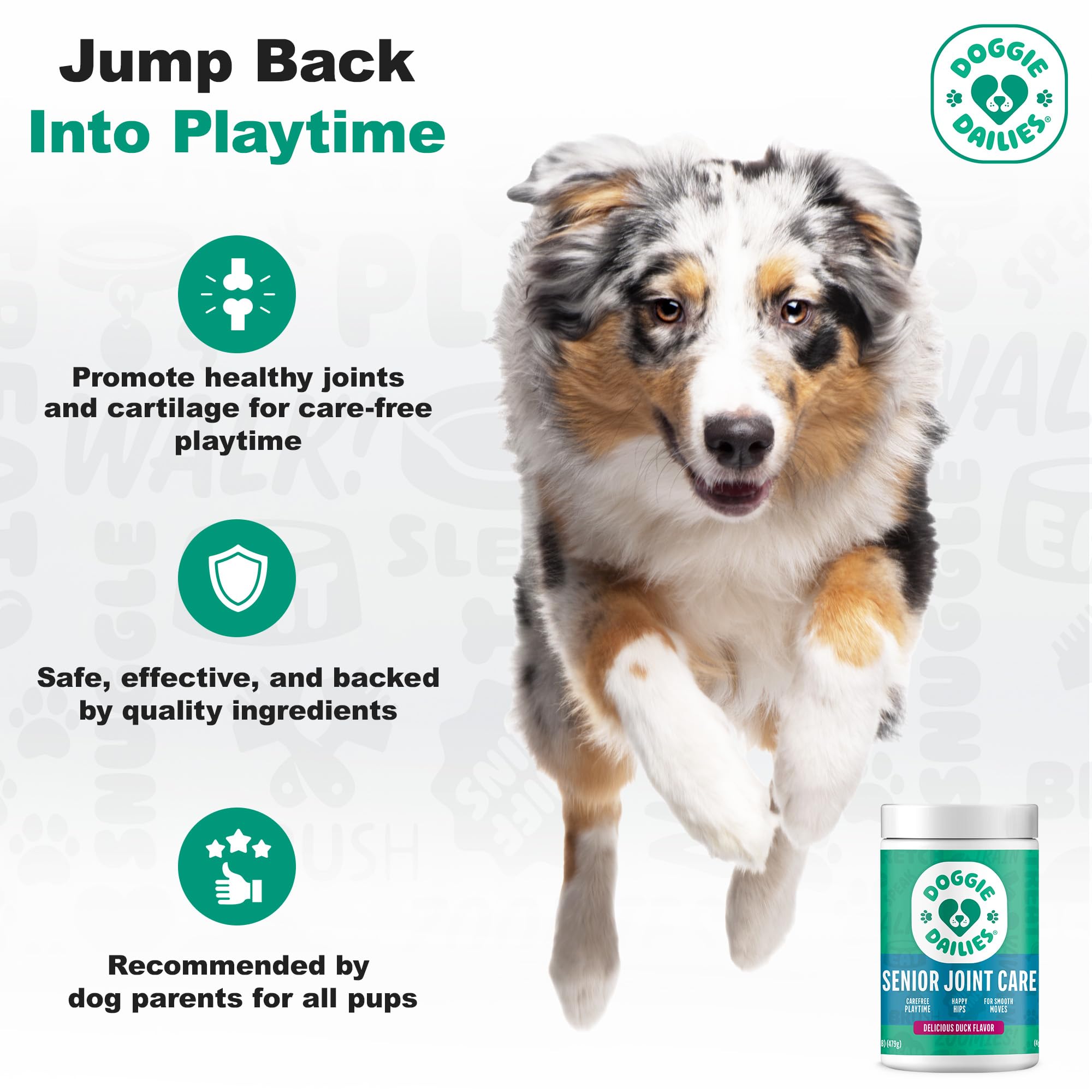 Doggie Dailies duck hip-chews bag-front emphasizing duck flavor appeal.