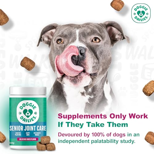 Doggie Dailies duck hip joint chews packaging shows all-breeds suitability.
