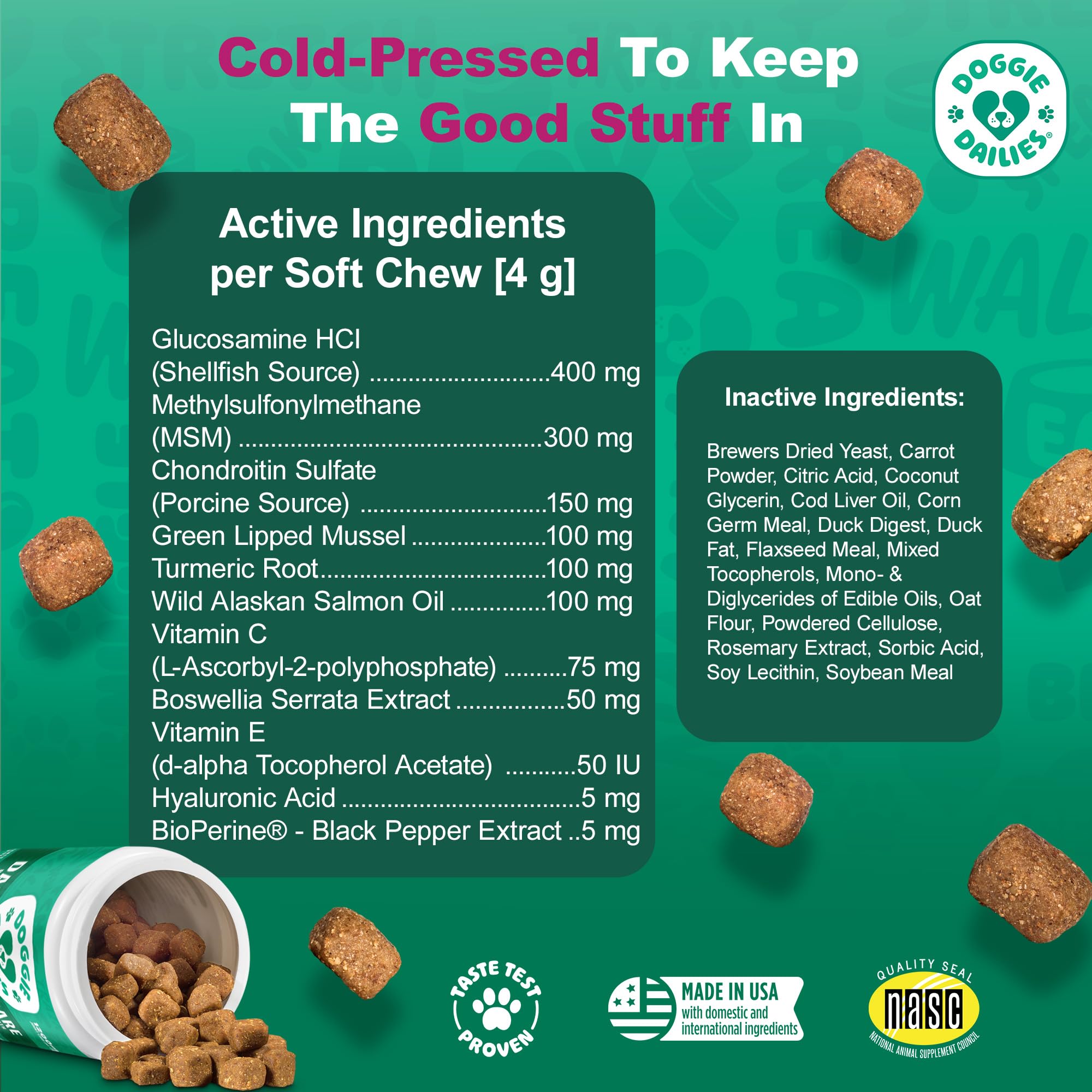 Doggie Dailies duck ingredient panel highlights glucosamine and CoQ10 for joints.