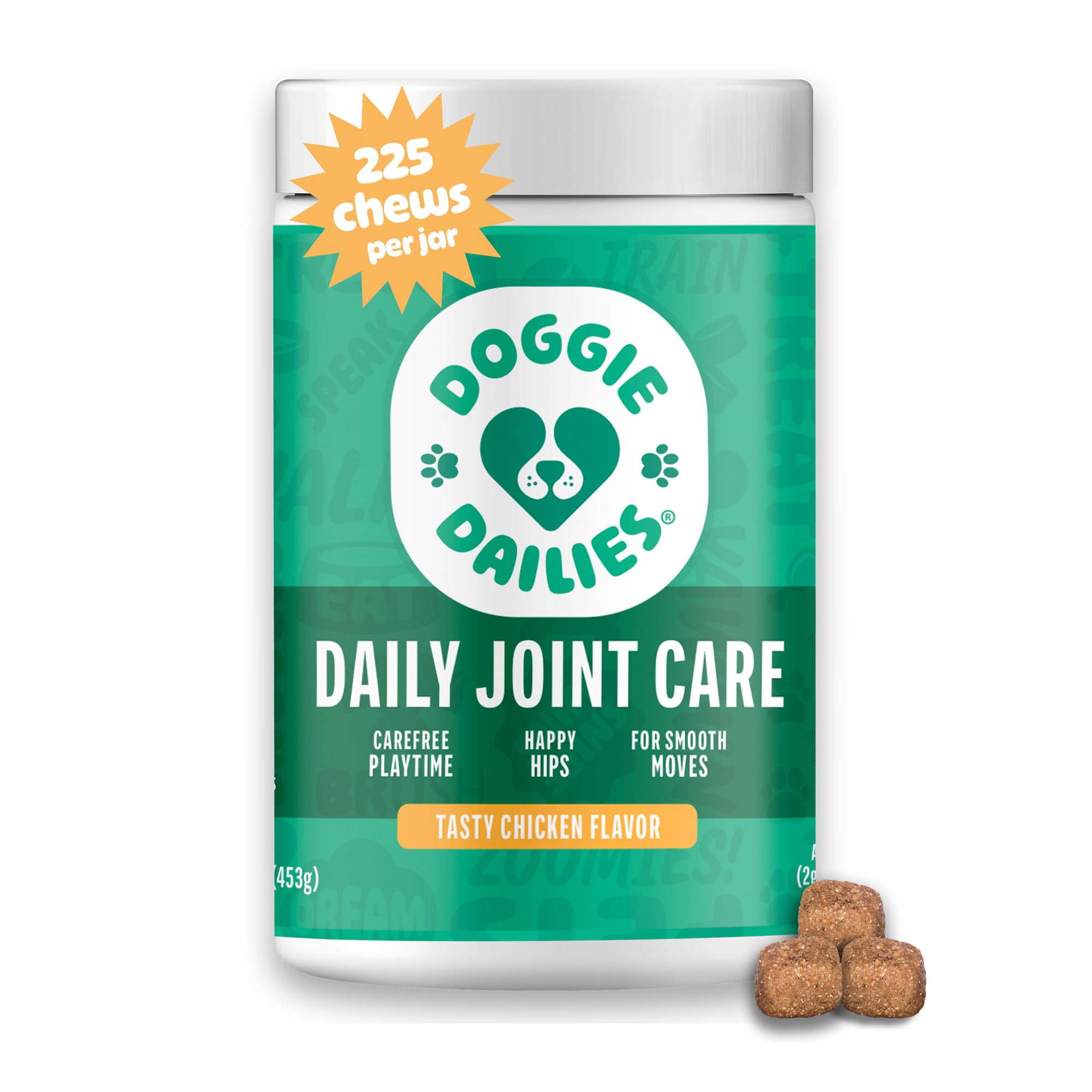 Doggie Dailies hip joint chews bottle—easy daily support for joints.