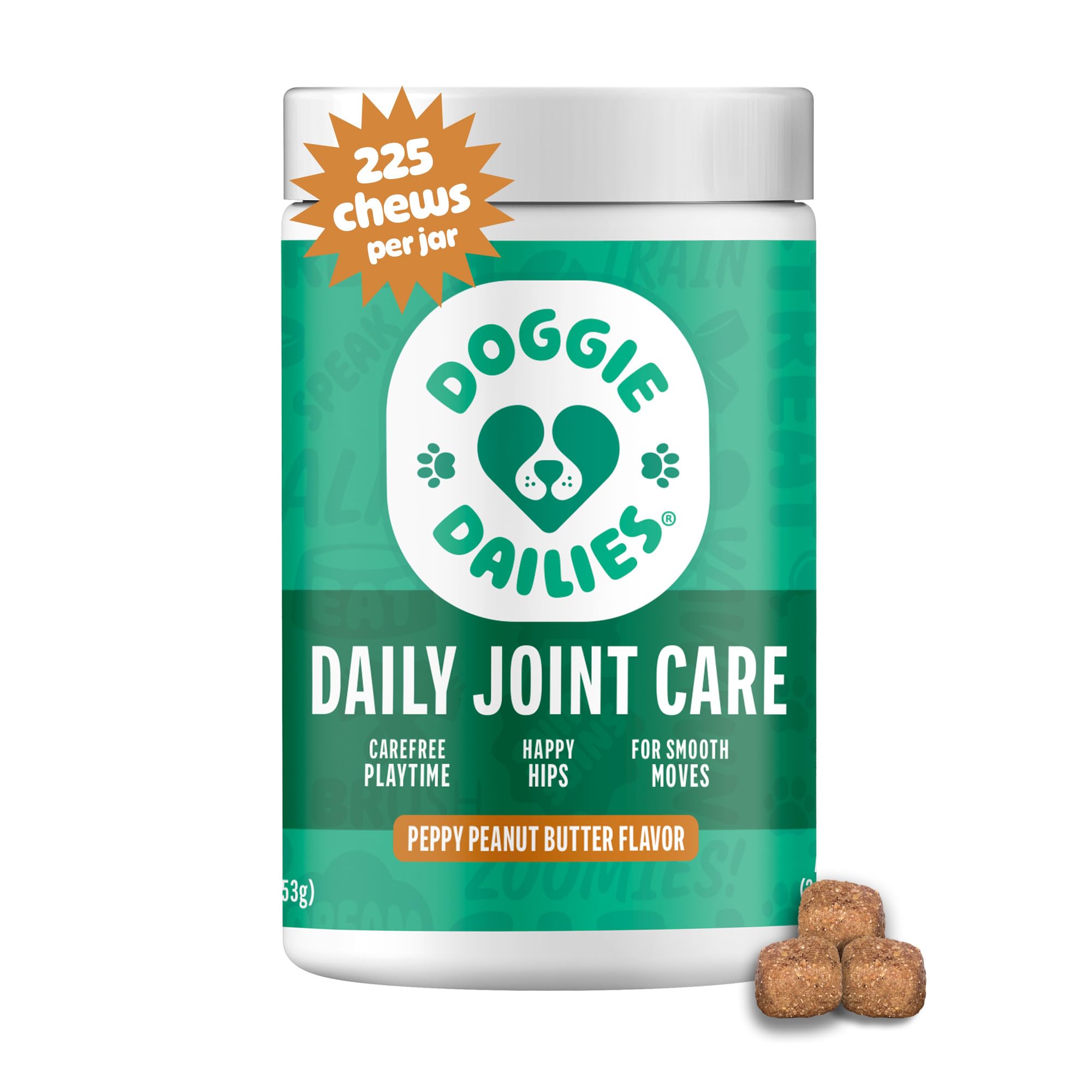 Doggie Dailies hip joint chews tub close-up showing textured bite.