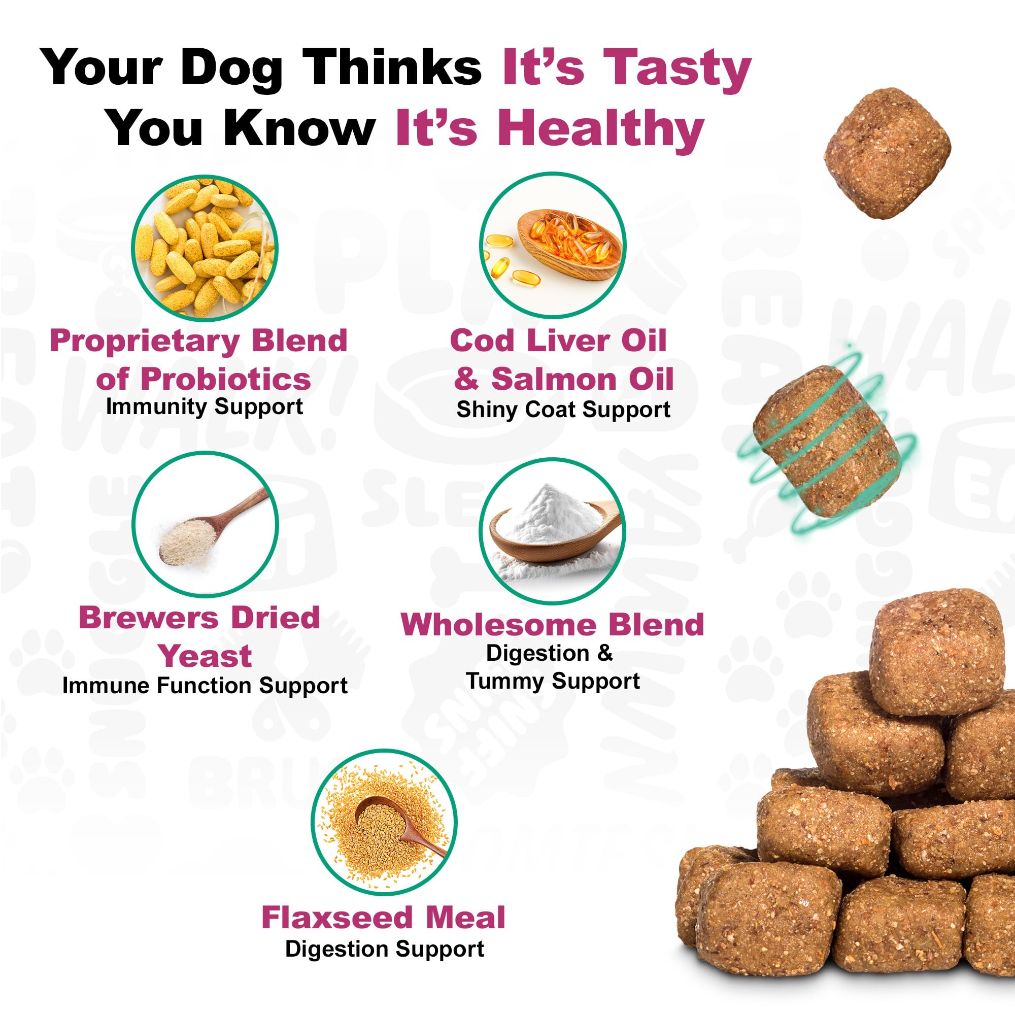Doggie Dailies Probiotics duck soft chews dog-sniffing scene suggests daily wellness.