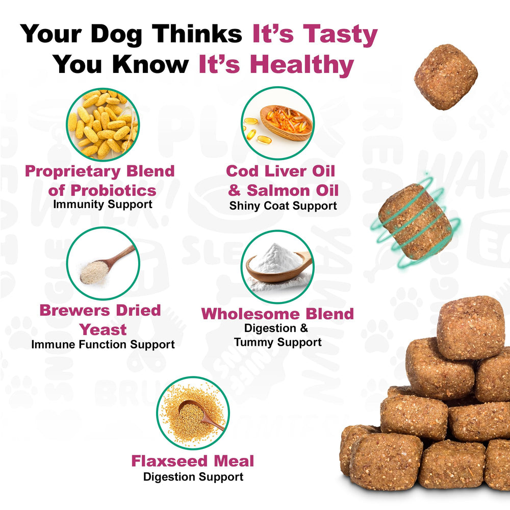 Doggie Dailies Probiotics duck soft chews dog-sniffing scene suggests daily wellness.