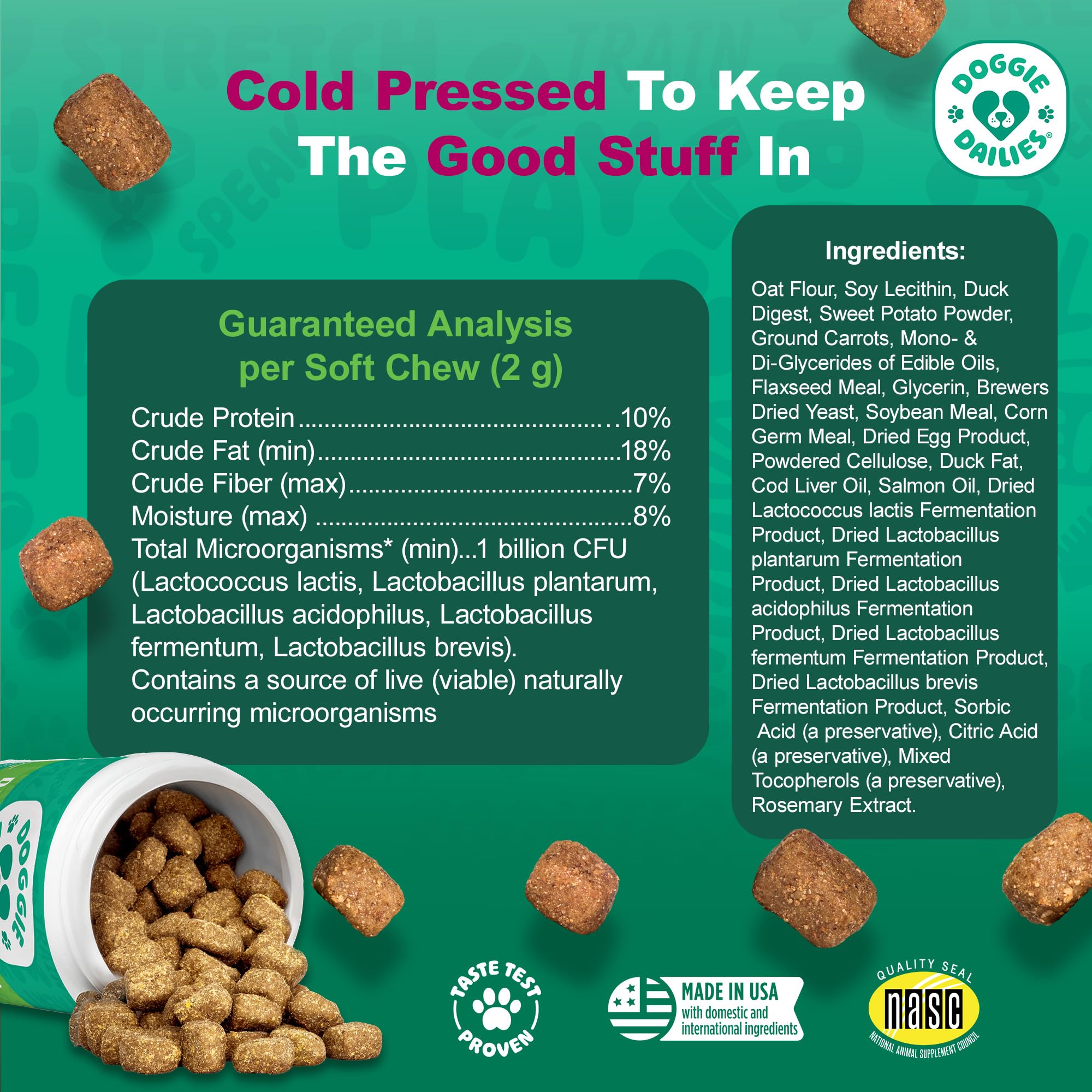 Doggie Dailies Probiotics duck soft chews ingredients panel shows five probiotic strains.