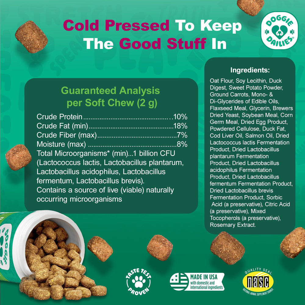 Doggie Dailies Probiotics duck soft chews ingredients panel shows five probiotic strains.