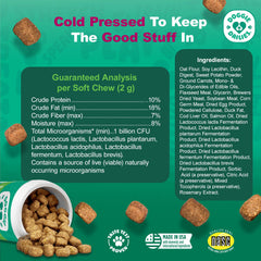 Doggie Dailies Probiotics duck soft chews ingredients panel shows five probiotic strains.