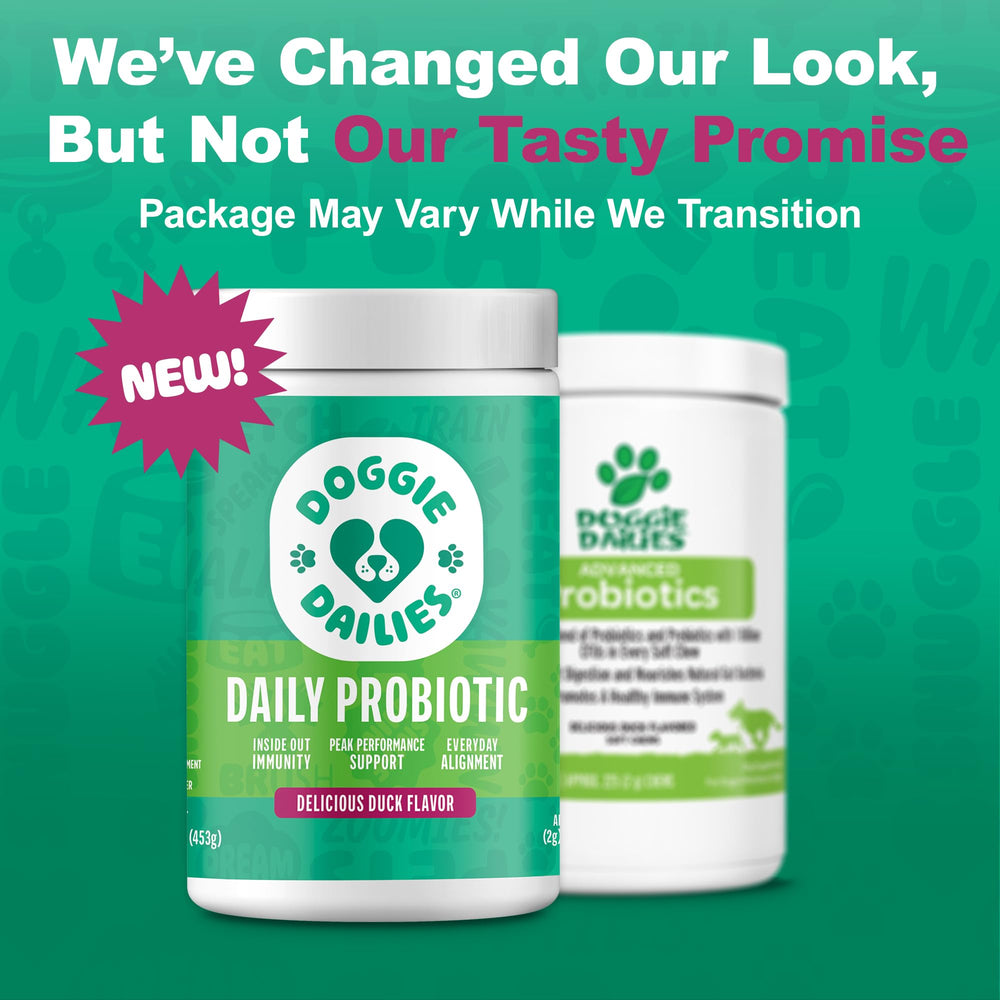Doggie Dailies Probiotics duck soft chews morning routine image encourages consistency.