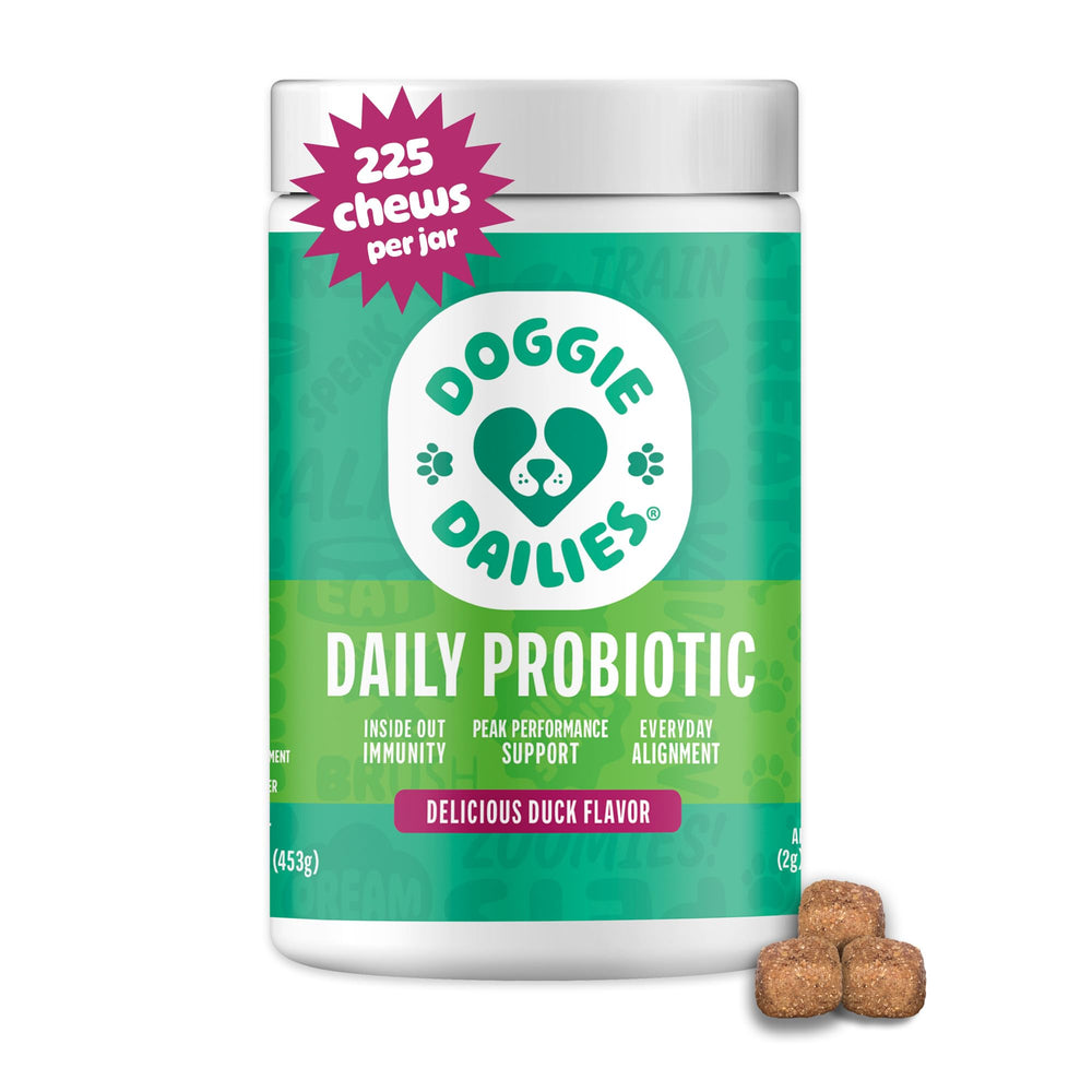 Doggie Dailies Probiotics duck soft chews tub front for convenient daily gut support.