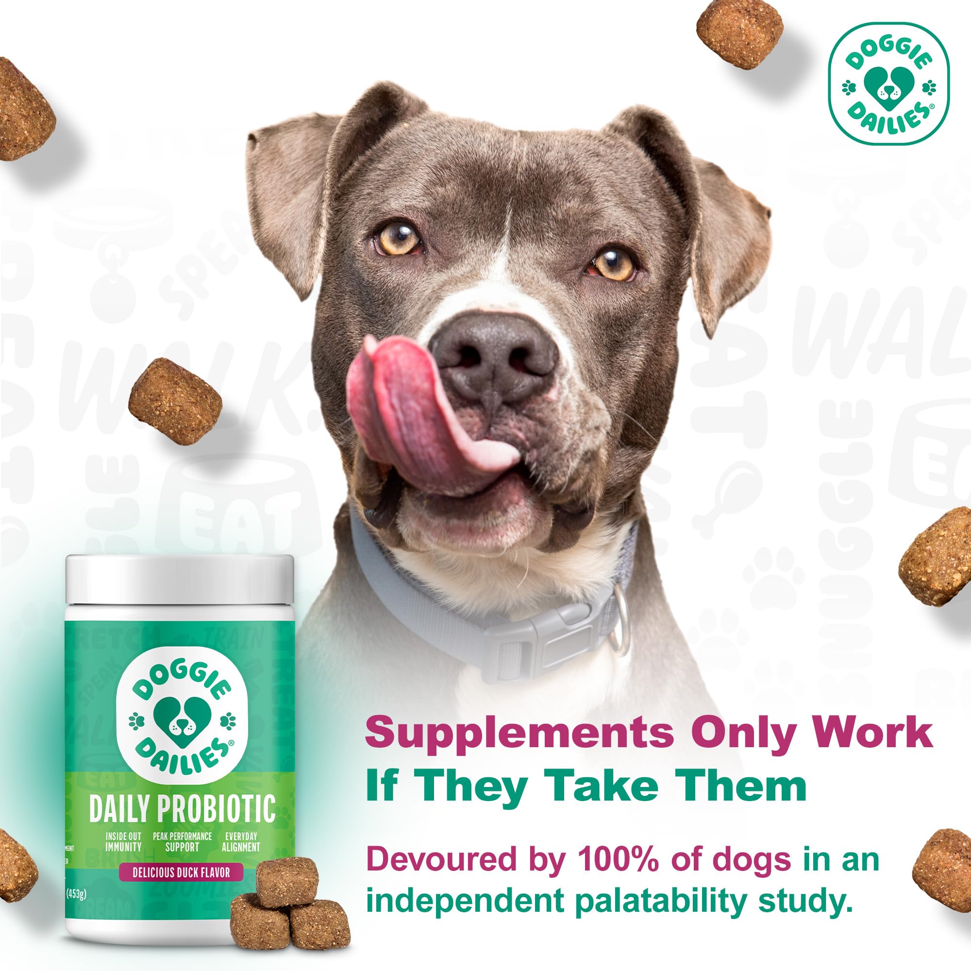 Doggie Dailies Probiotics duck soft chews tub label close-up highlights grain-free duck flavor.