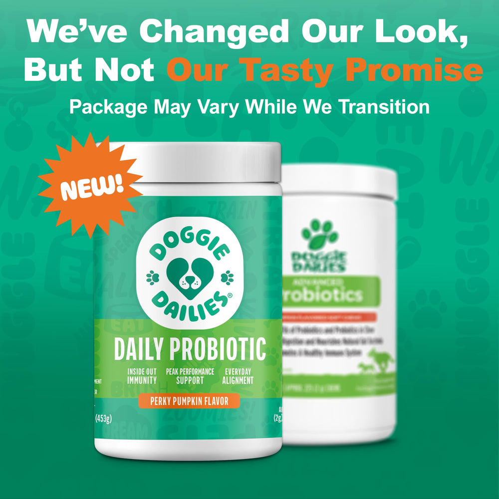 Doggie Dailies probiotics pumpkin chews facility badge indicates SQF-certified production