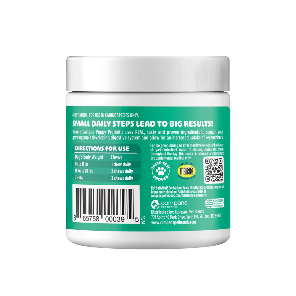 Doggie Dailies Puppy Probiotic made-in-us-facility underscores safety and quality control.