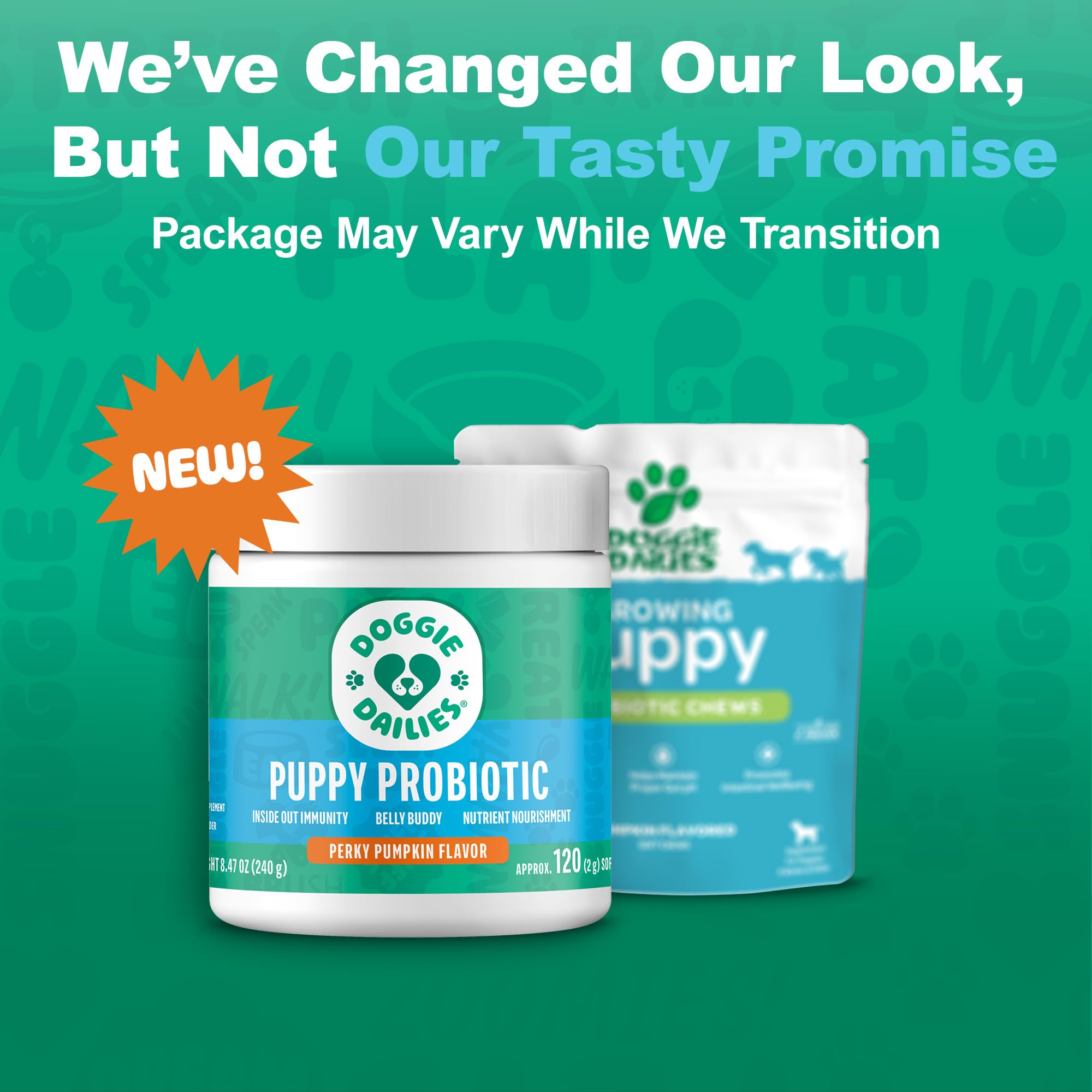 Doggie Dailies Puppy Probiotic packaging-design captures product branding and user-friendly label.