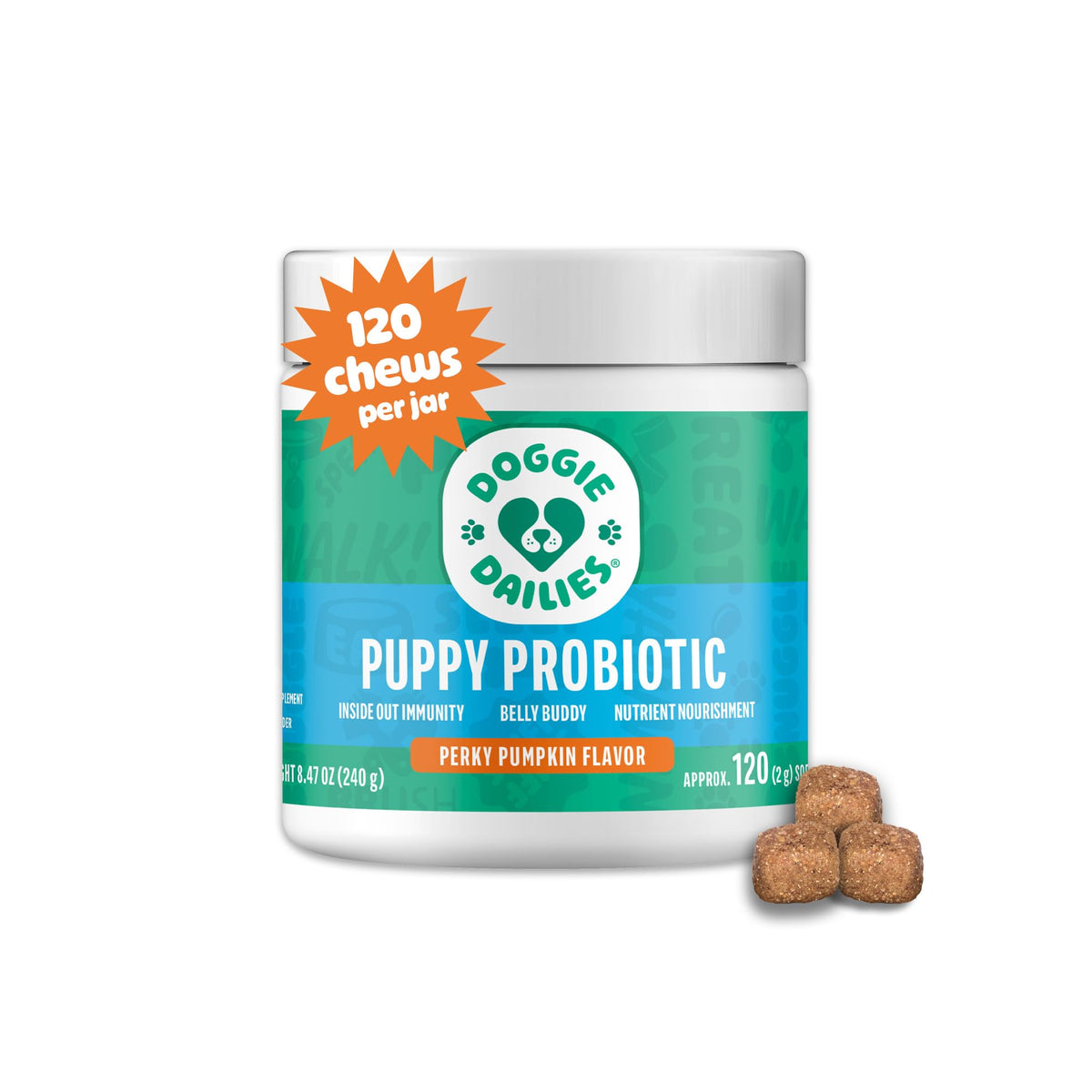 Doggie Dailies Puppy Probiotic pumpkin bottle demonstrates easy daily dosing for puppies.