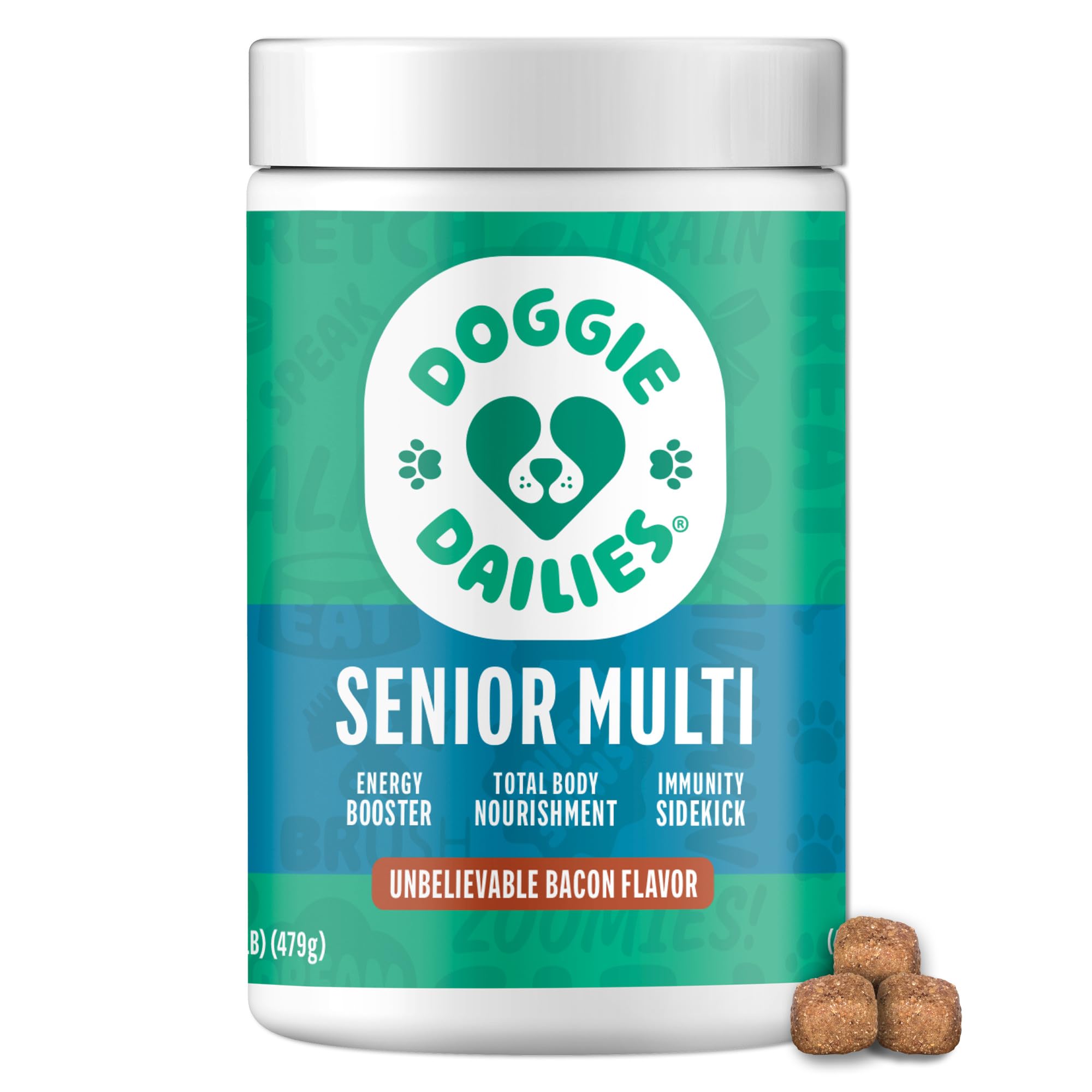 Doggie Dailies Senior Essentials Soft Chews bottle promotes easy daily vitamin routine for seniors