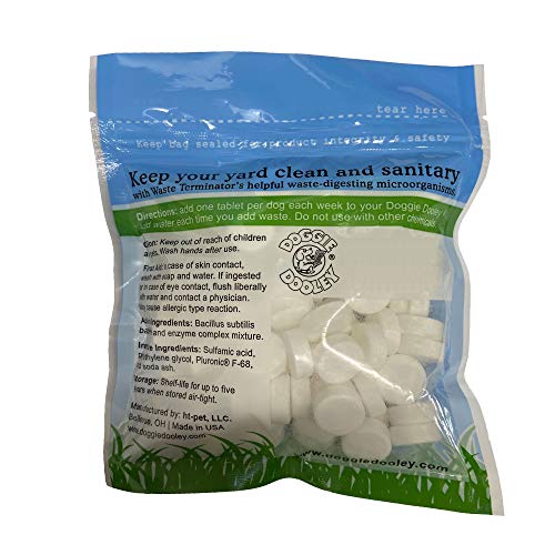 Doggie Dooley 36 waste tablets bottle cap shows child-proof packaging for safe handling.