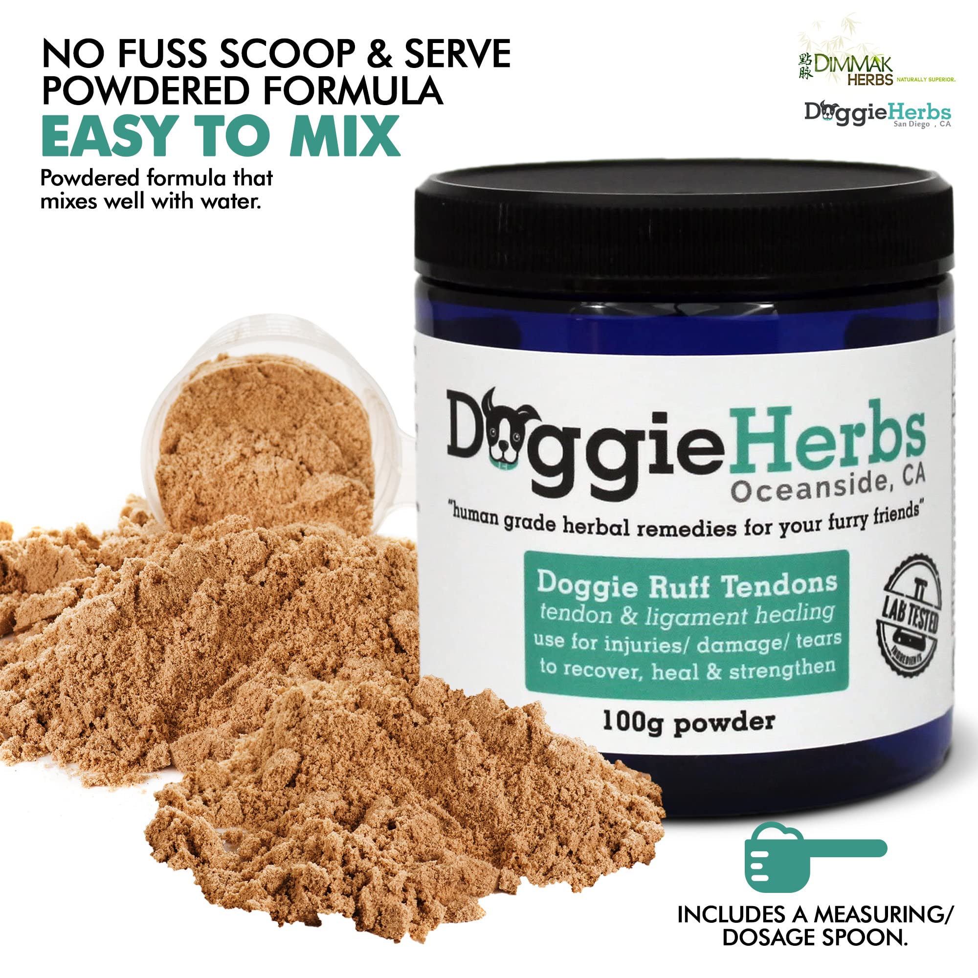 Doggie Herbs dosing scoop demonstrates easy daily mix into dog food.