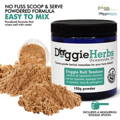 Doggie Herbs dosing scoop demonstrates easy daily mix into dog food.