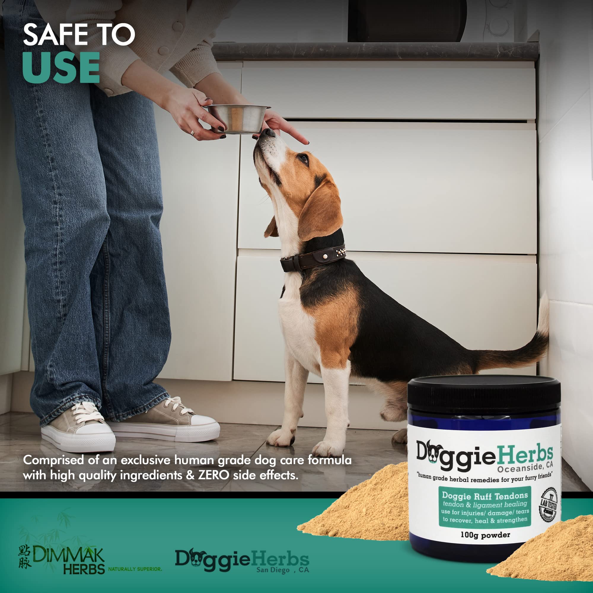 Doggie Herbs lab-tested formula emphasizes human-grade safety for canine recovery.