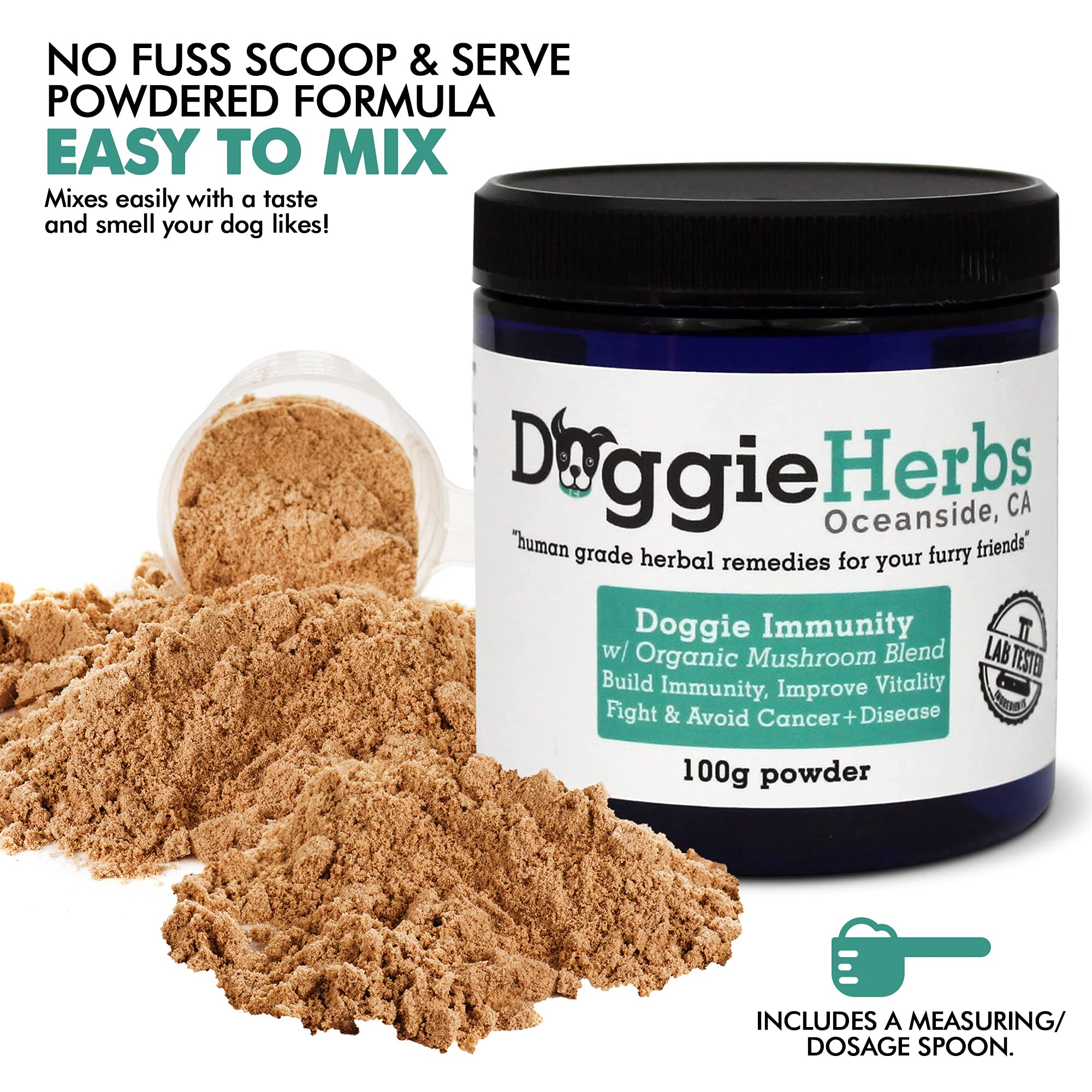 Doggie Herbs Organic Herbs Mushroom Complex showcases natural ingredients for holistic vitality