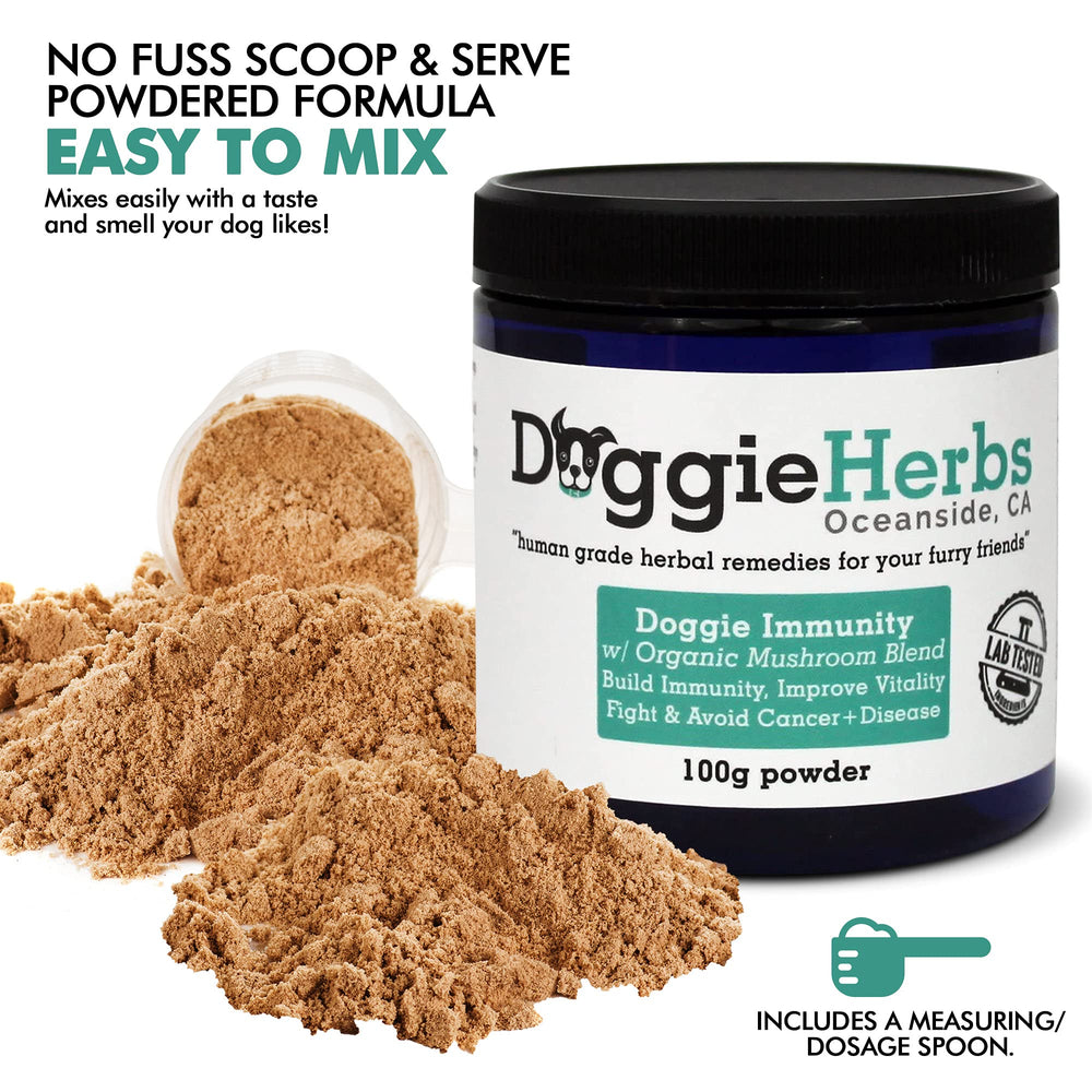 Doggie Herbs Organic Herbs Mushroom Complex showcases natural ingredients for holistic vitality
