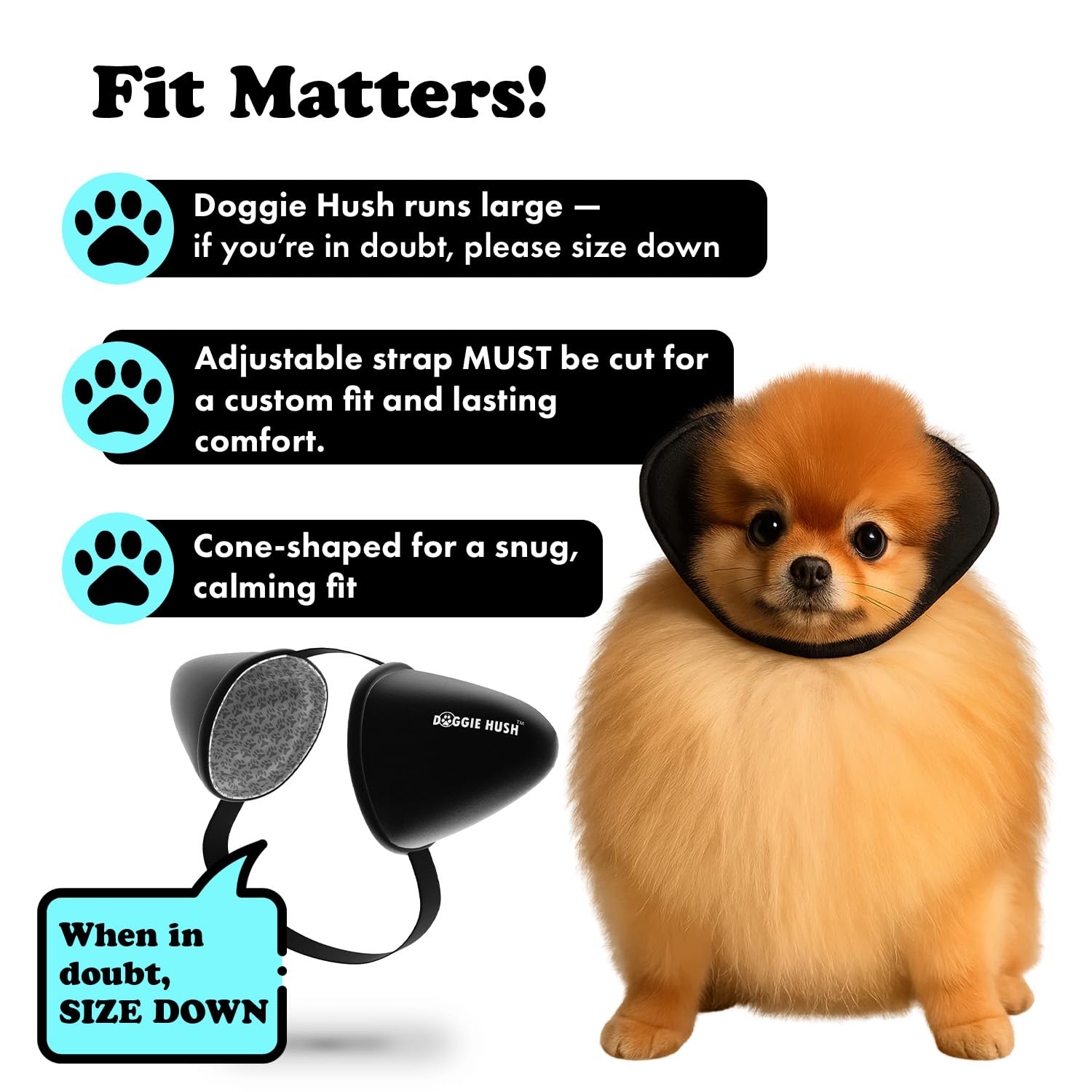 Doggie Hush calming-fit close-up demonstrating secure, gentle contact for anxious dogs