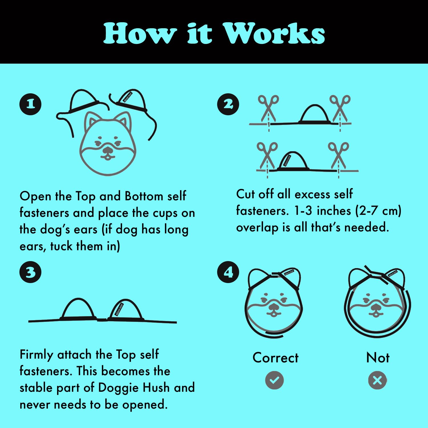 Doggie Hush ear muffs packaging showing setup and fit tips