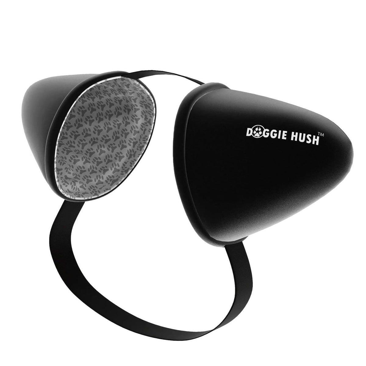 Doggie Hush headphones on a dog head offering protective ear coverage during fireworks