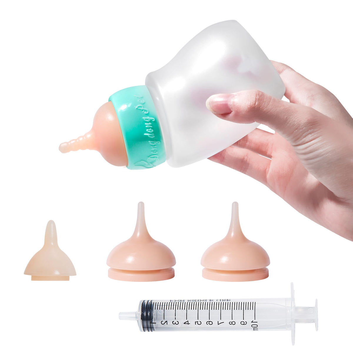 Doggiema puppy feeder bottle angled 45 degrees for comfortable feeding while lying down.