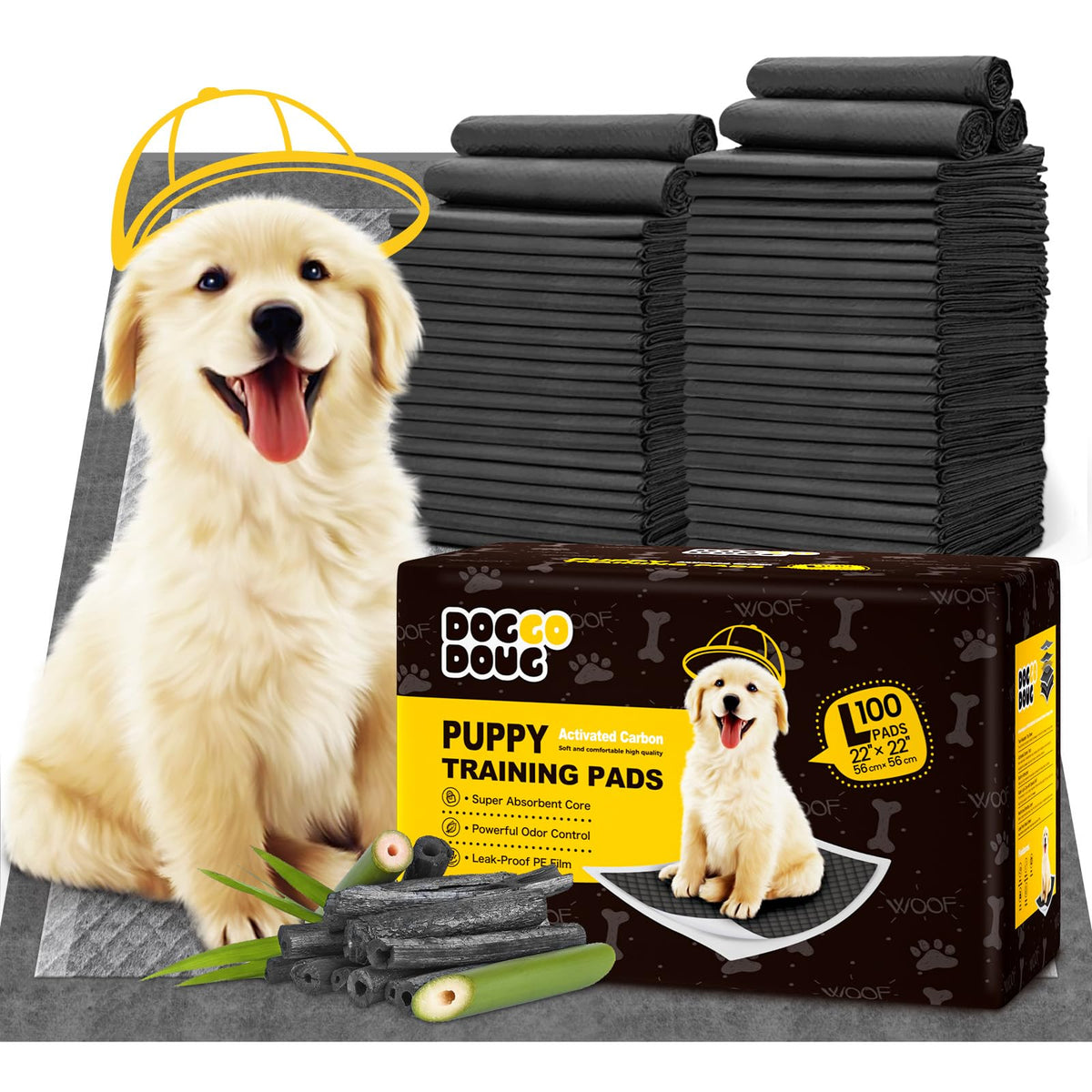 DOGGO DOUG charcoal puppy pads box 100 count for home training and odor control.