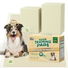 DOGGO DOUG Puppy Pads packaging showcases bamboo fibers for sustainable training sessions.