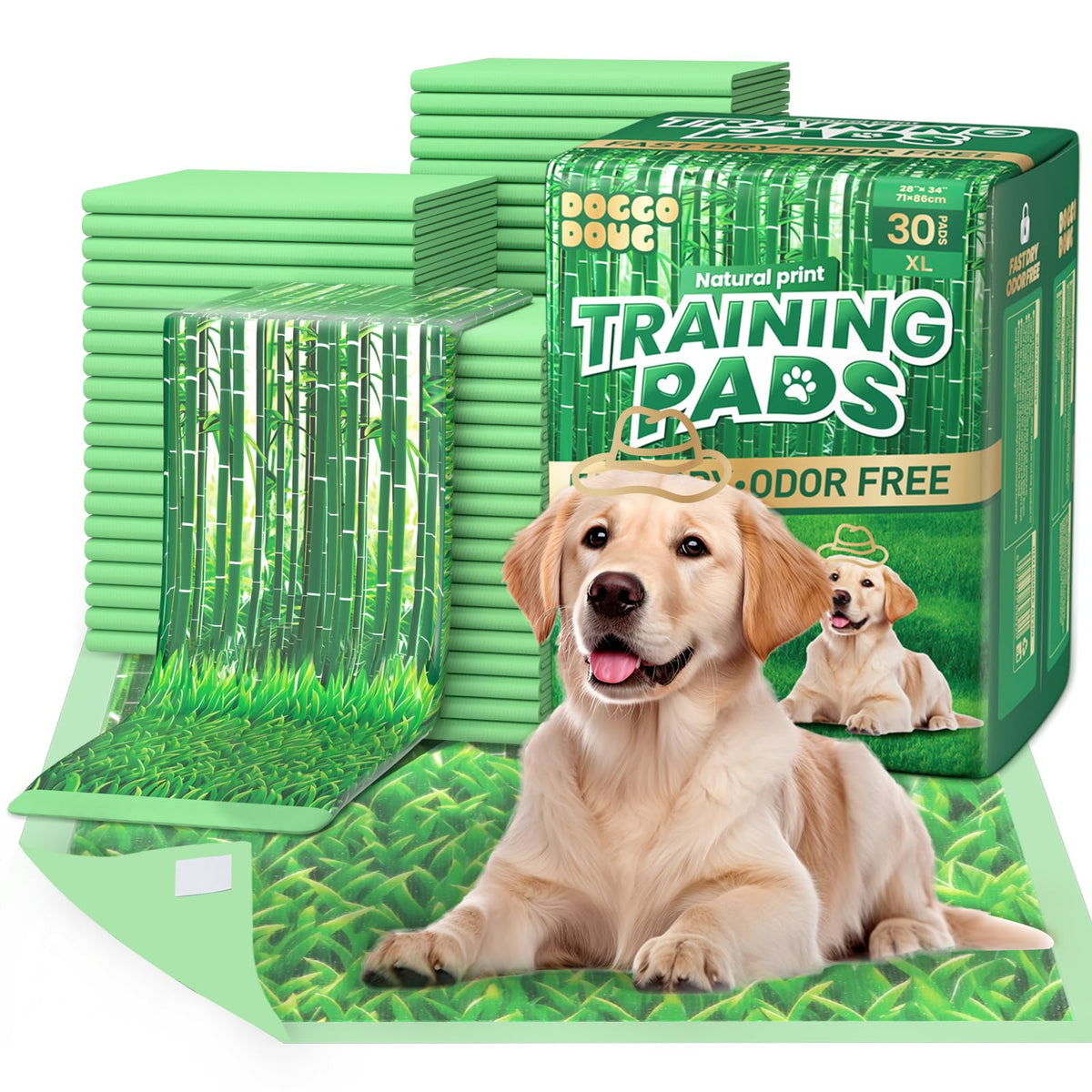 Doggo Doug Puppy Pads XL 30-count pack image highlights training-ready pads for puppies.