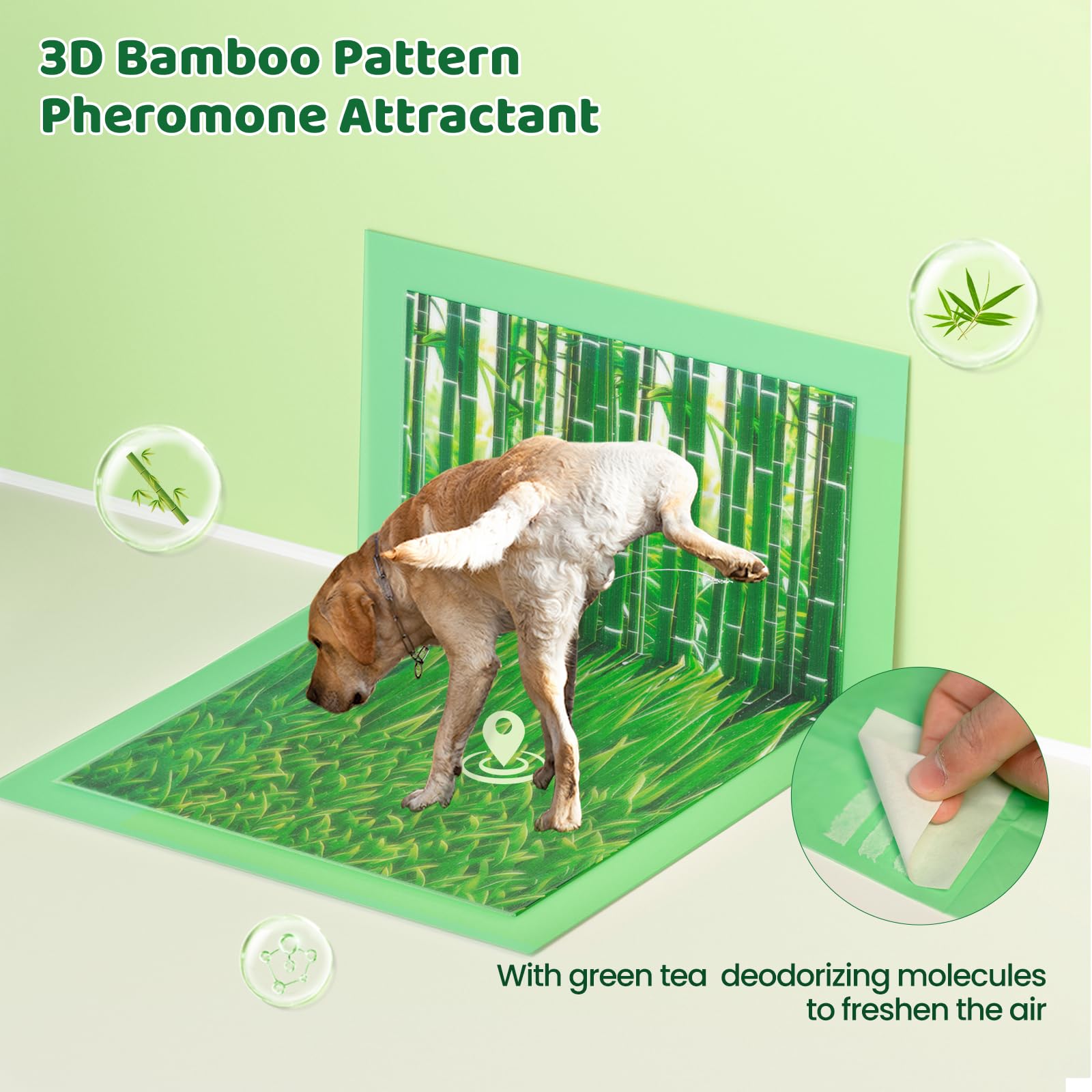 Doggo Doug Puppy Pads XL pattern-design bamboo image shows calming training area.