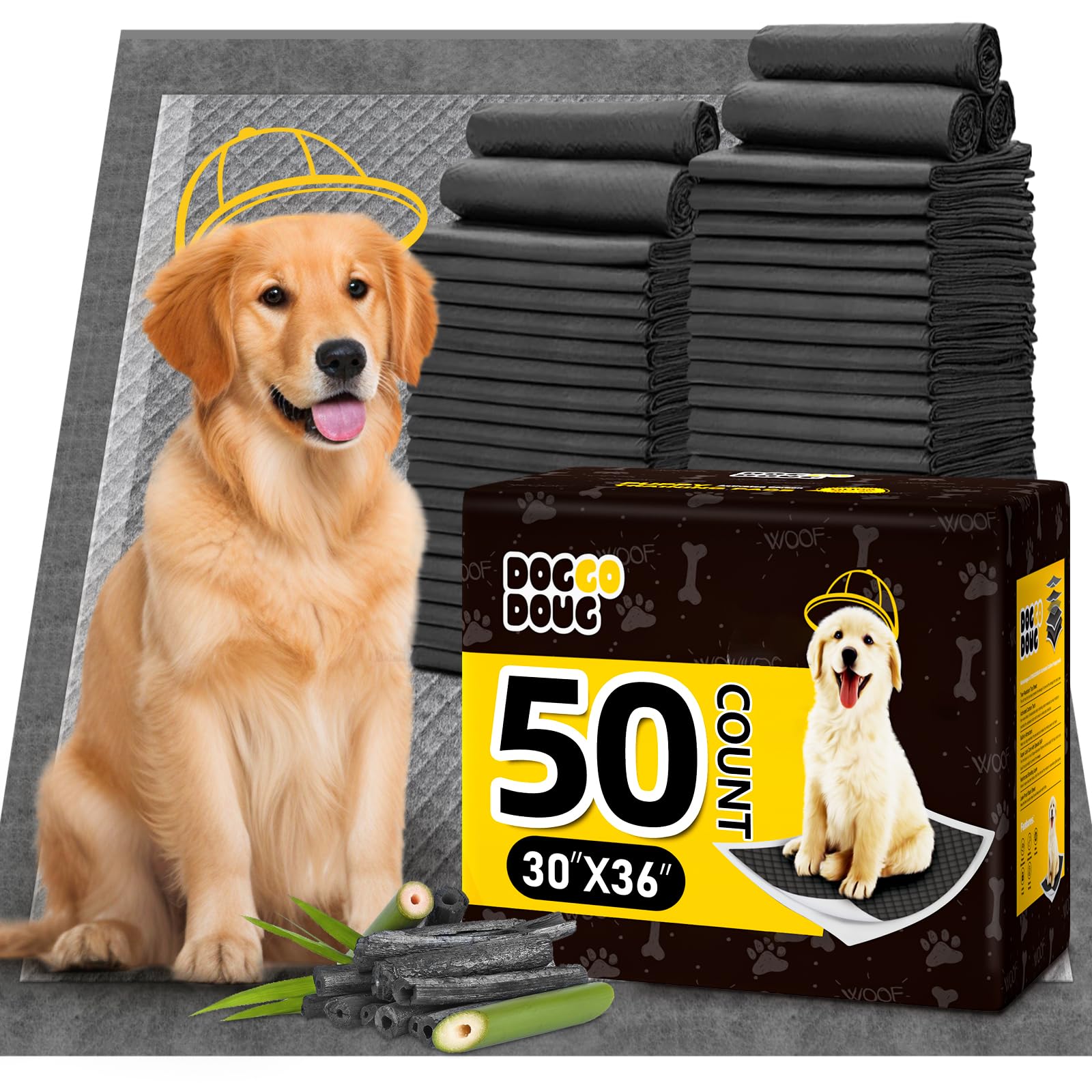 DOGGO DOUG XXL pee pad package shows bulk value and odor control for home use