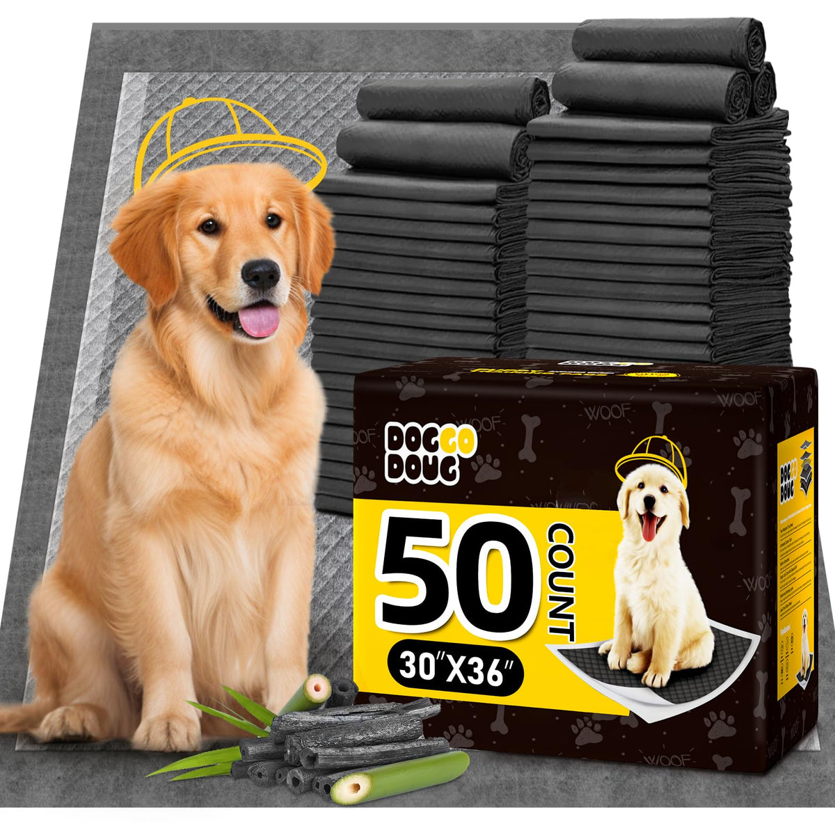 DOGGO DOUG XXL pee pad package shows bulk value and odor control for home use