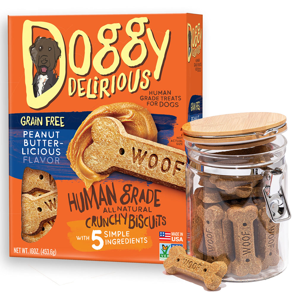 Doggy Delirious Crunchy Dog Treats peanut butter bones, tasty reward for training sessions.