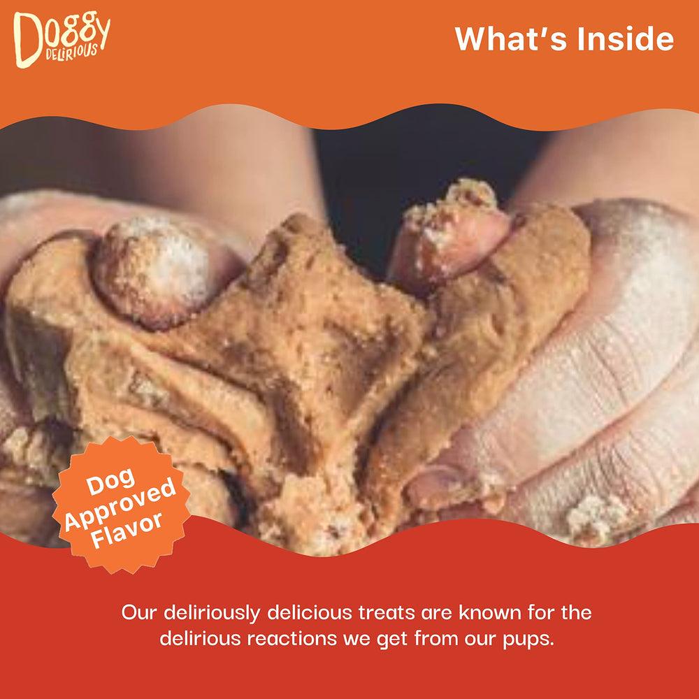 Doggy Delirious treats for all sizes image shows breed-inclusive snacks.