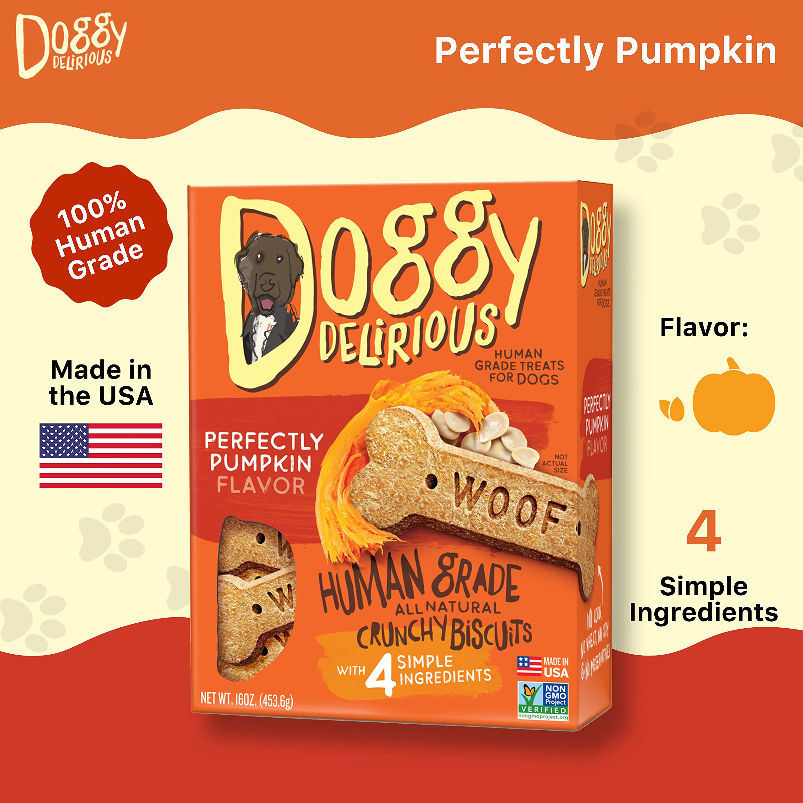 Doggy Delirious grain-free and dairy-free ingredients image emphasizes allergen-friendly snack.