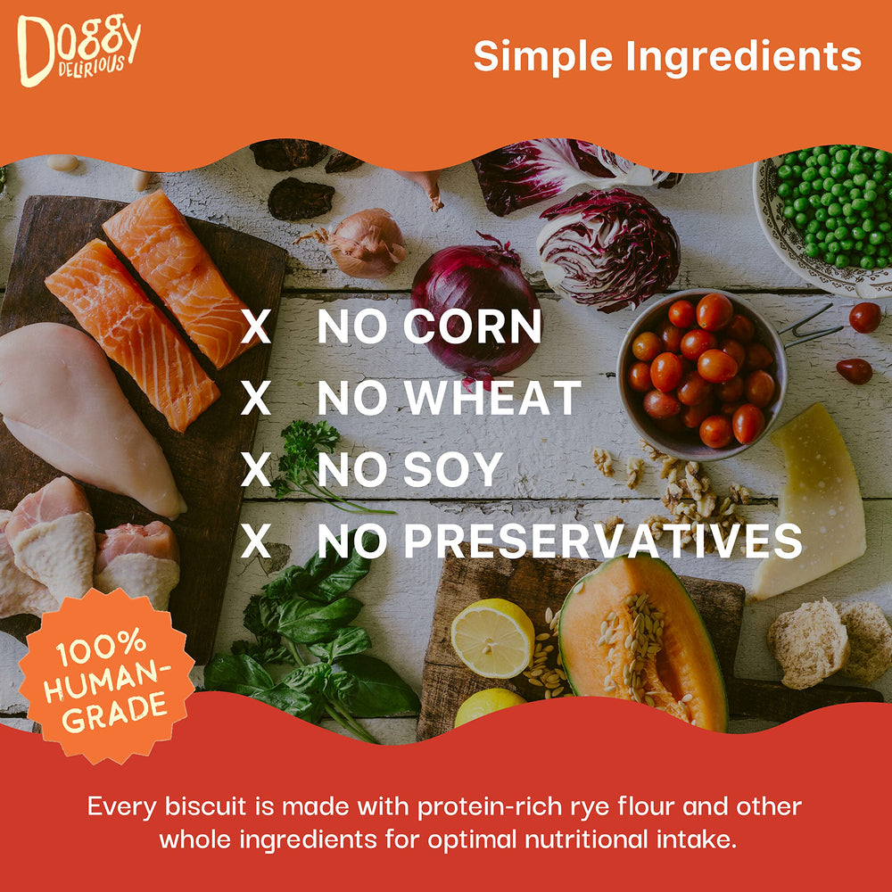 Doggy Delirious preservative-free dog treats image signals a healthier snack option.