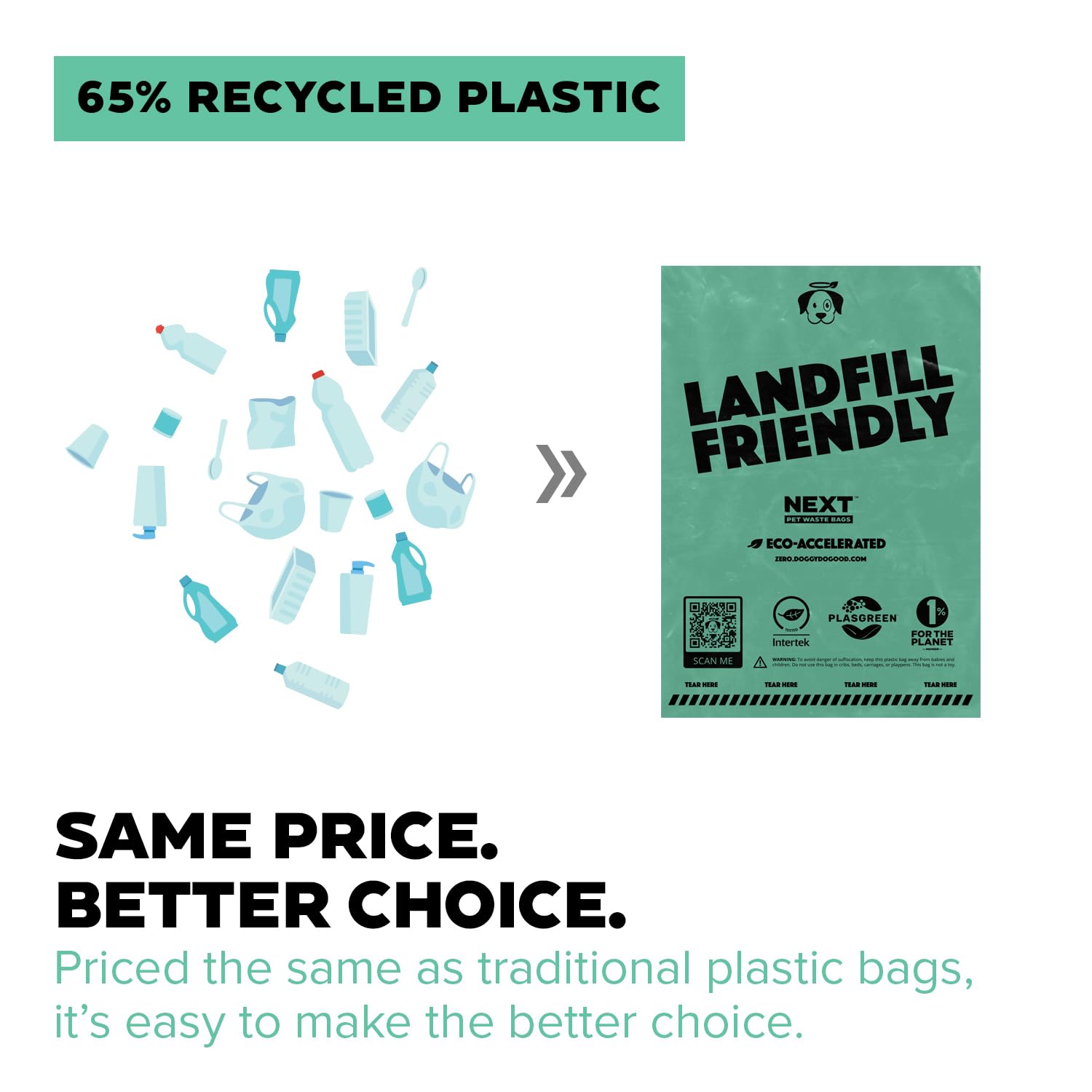 Doggy Do Good bolsas-eco-amigables: plástico 65% reciclado para reducir impacto ambiental.