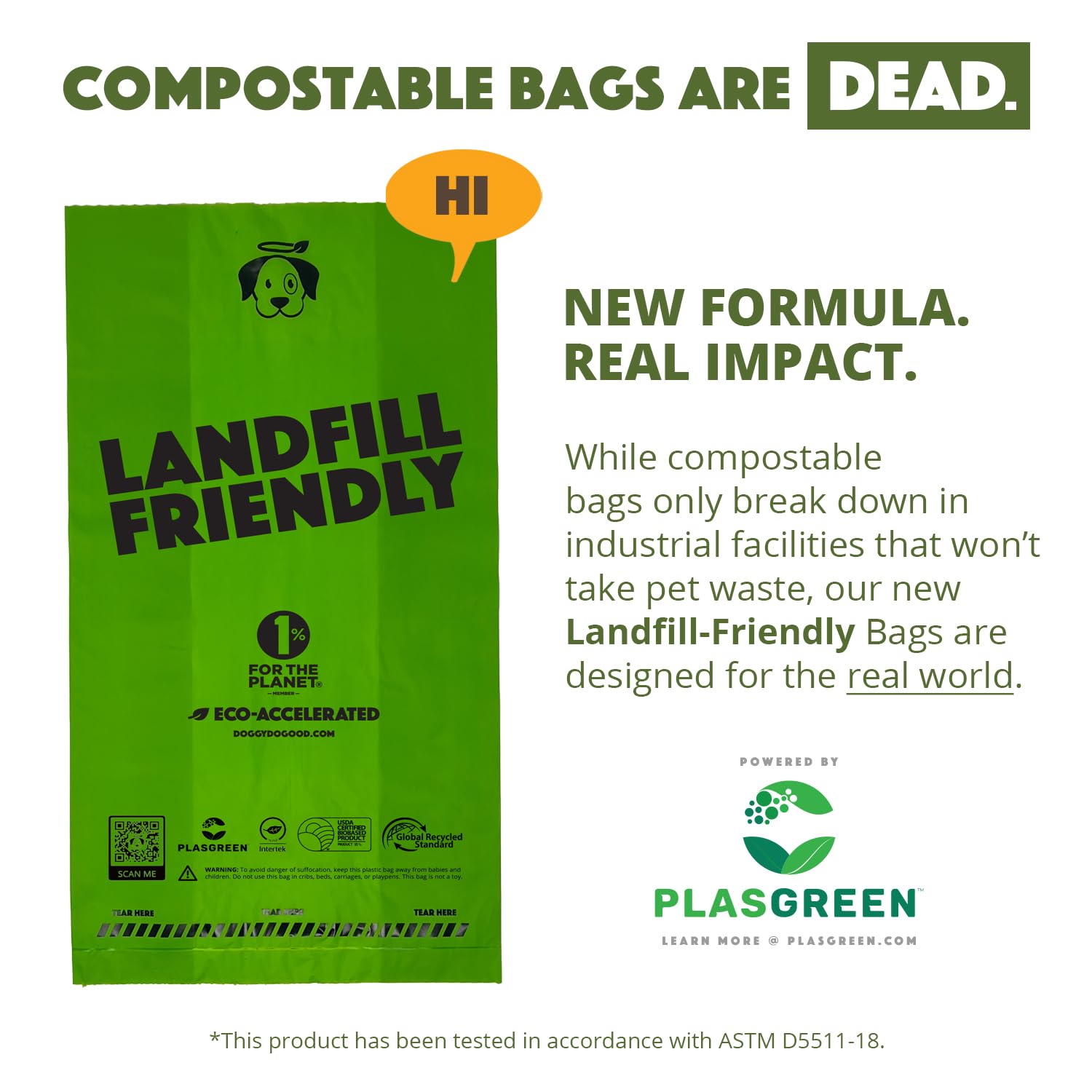 Doggy Do Good fifty-percent recycled fifteen-percent biobased content on packaging
