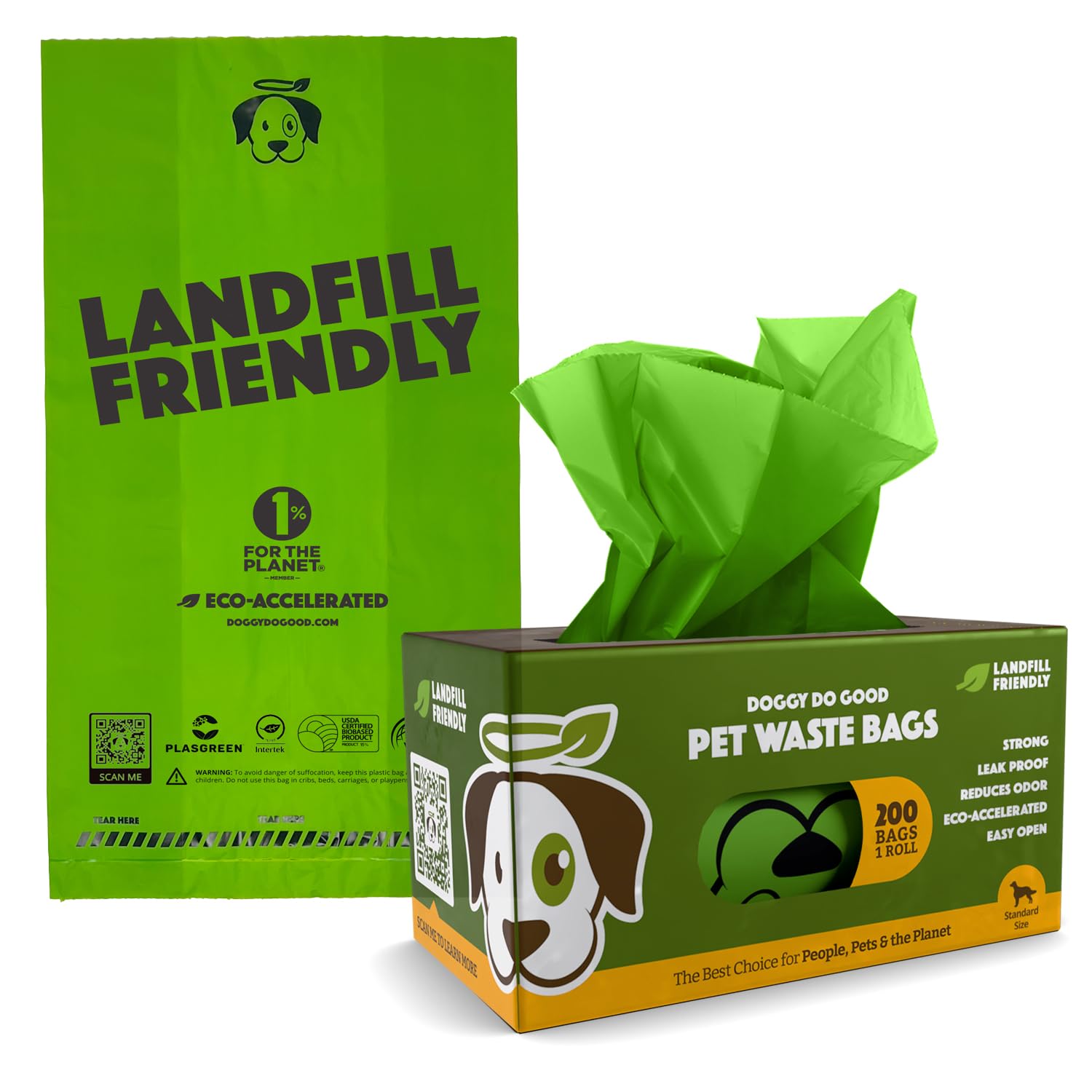 Doggy Do Good landfill-friendly poop bags box for quick grab-and-go cleanup.