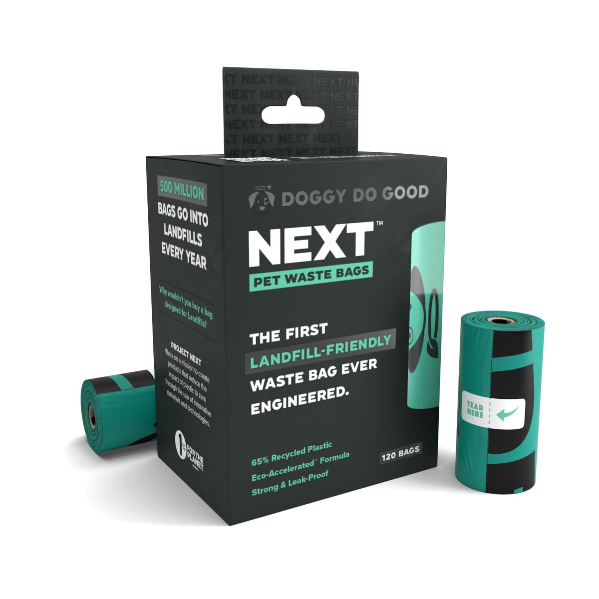 Doggy Do Good Next Pet Waste Bags packaging highlights recycled plastic for eco-friendly disposal.