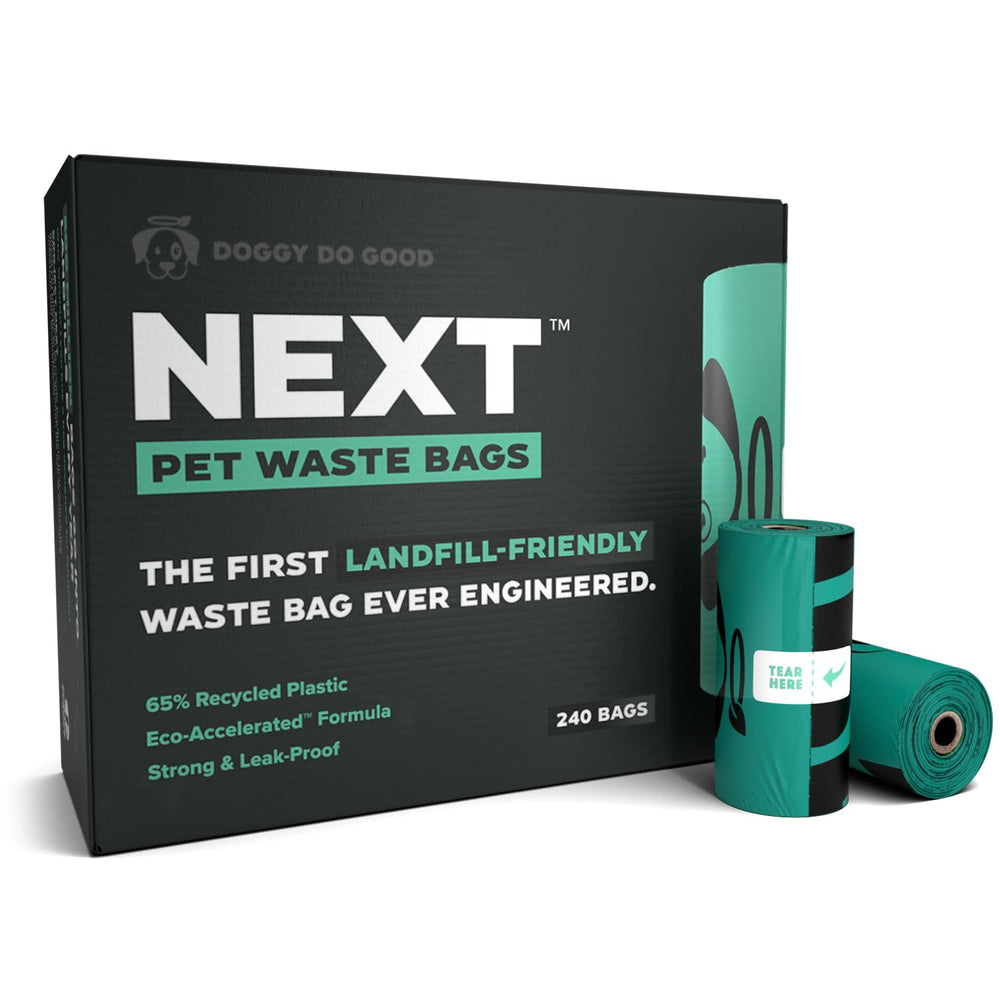 Doggy Do Good next pet waste bags packaging shows recycled materials for eco-friendly waste cleanup.