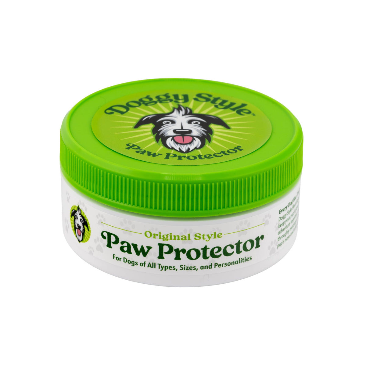 Doggy Style Lick-Safe Paw Balm jar shows plant-based formula for gentle paw moisturization