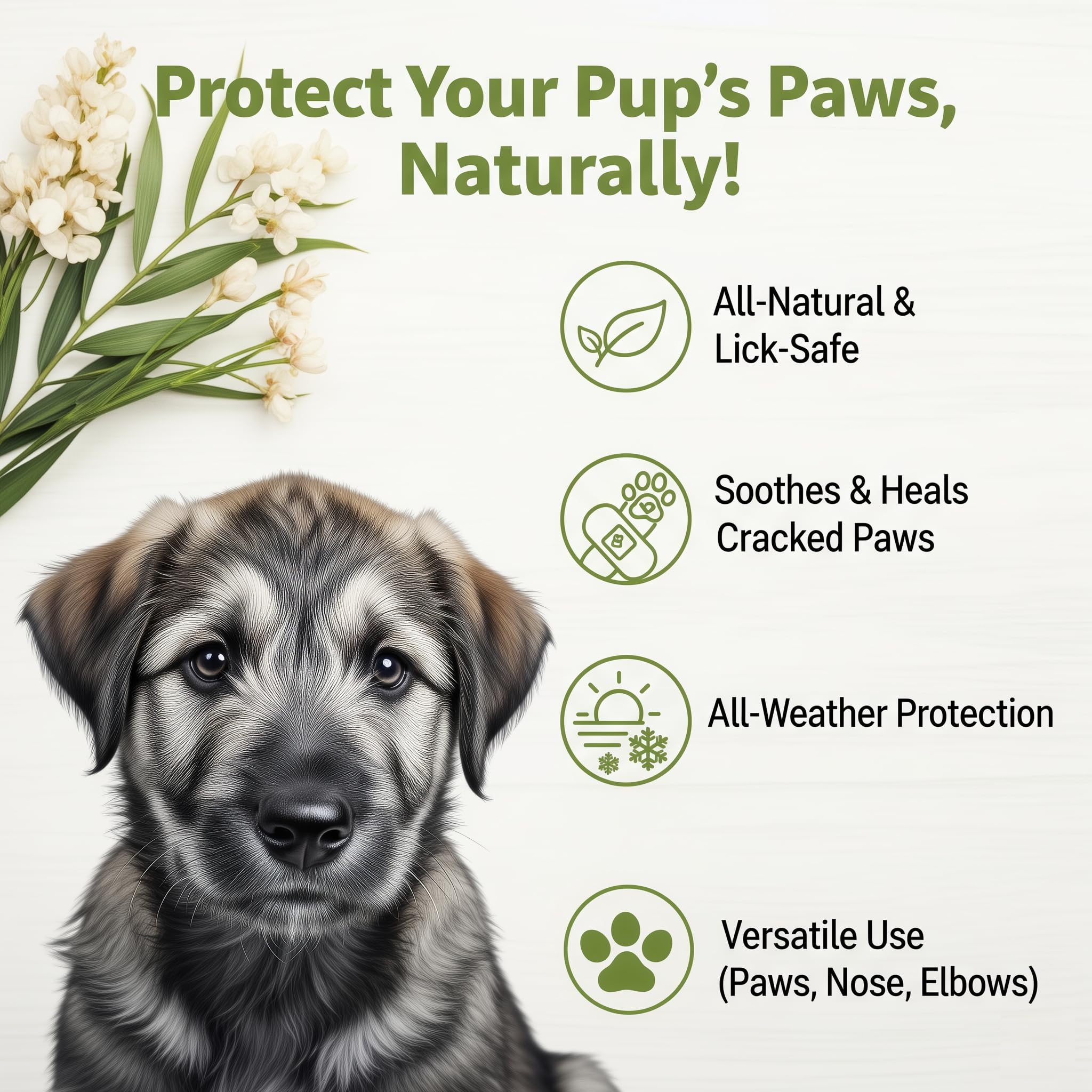 Doggy Style paw protection on snowy surface illustrating year-round shield from ice and salt
