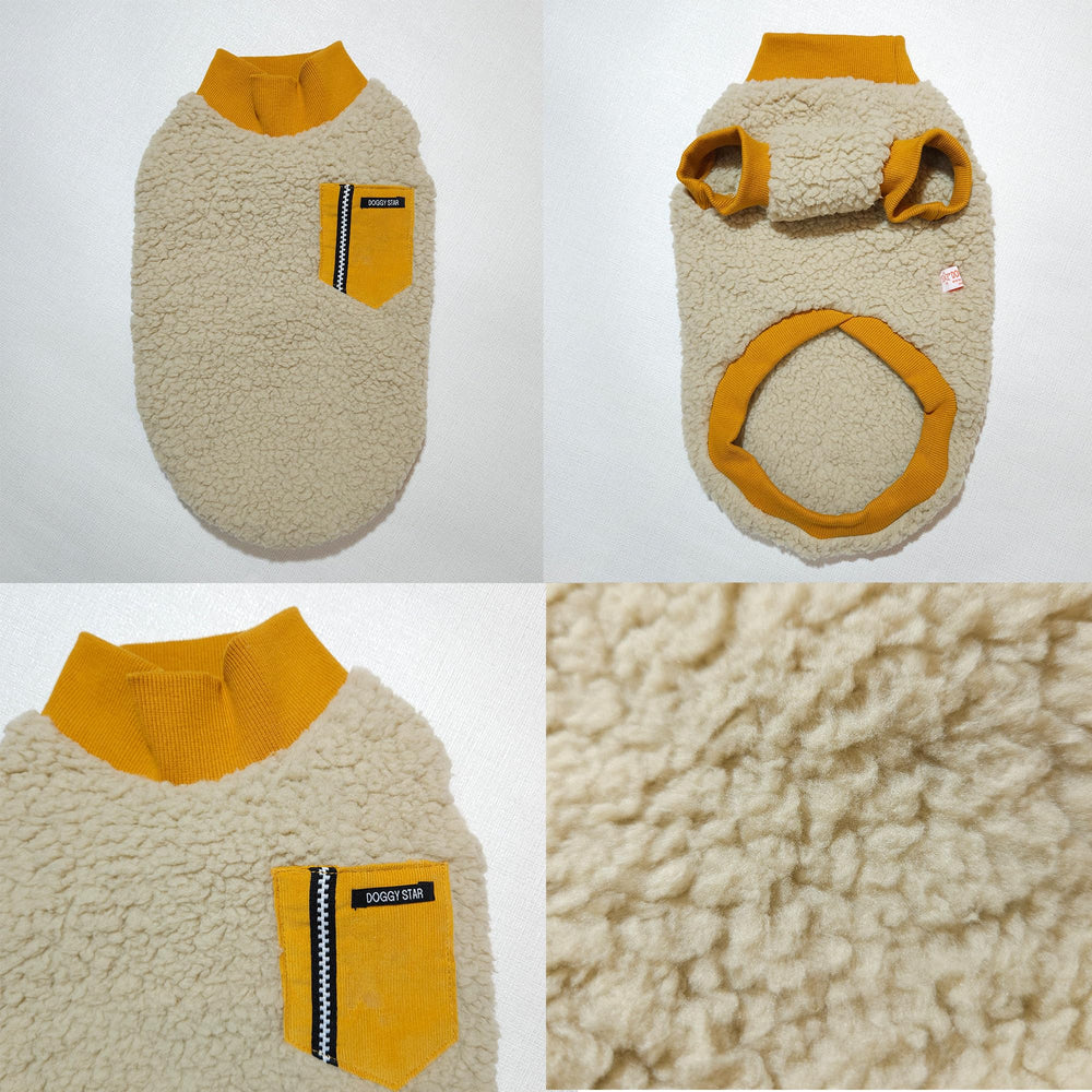doggystar warm fleece coat mustard pocket closeup highlights color detail