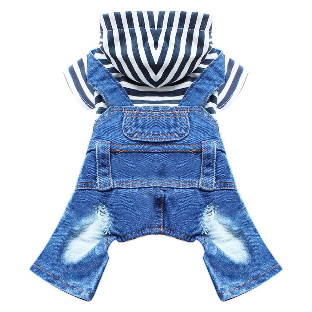 Doggyzstyle denim jumpsuit striped hoodie—stylish one-piece outfit for dogs and photos.