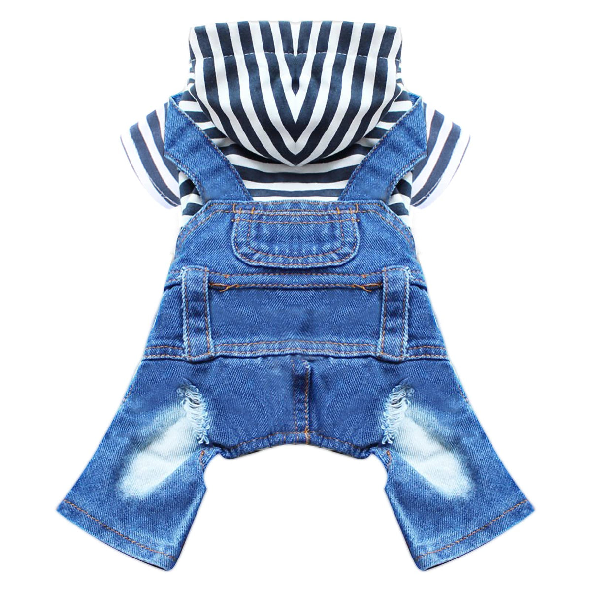 Doggyzstyle denim jumpsuit striped hoodie—stylish one-piece outfit for dogs and photos.